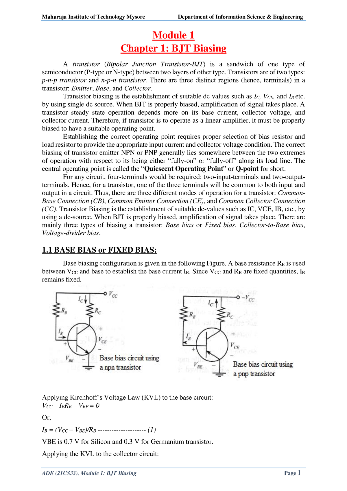 ADE Notes 21CS33 - ADE (21CS33), Module 1: BJT Biasing Page 1 Module 1 ...