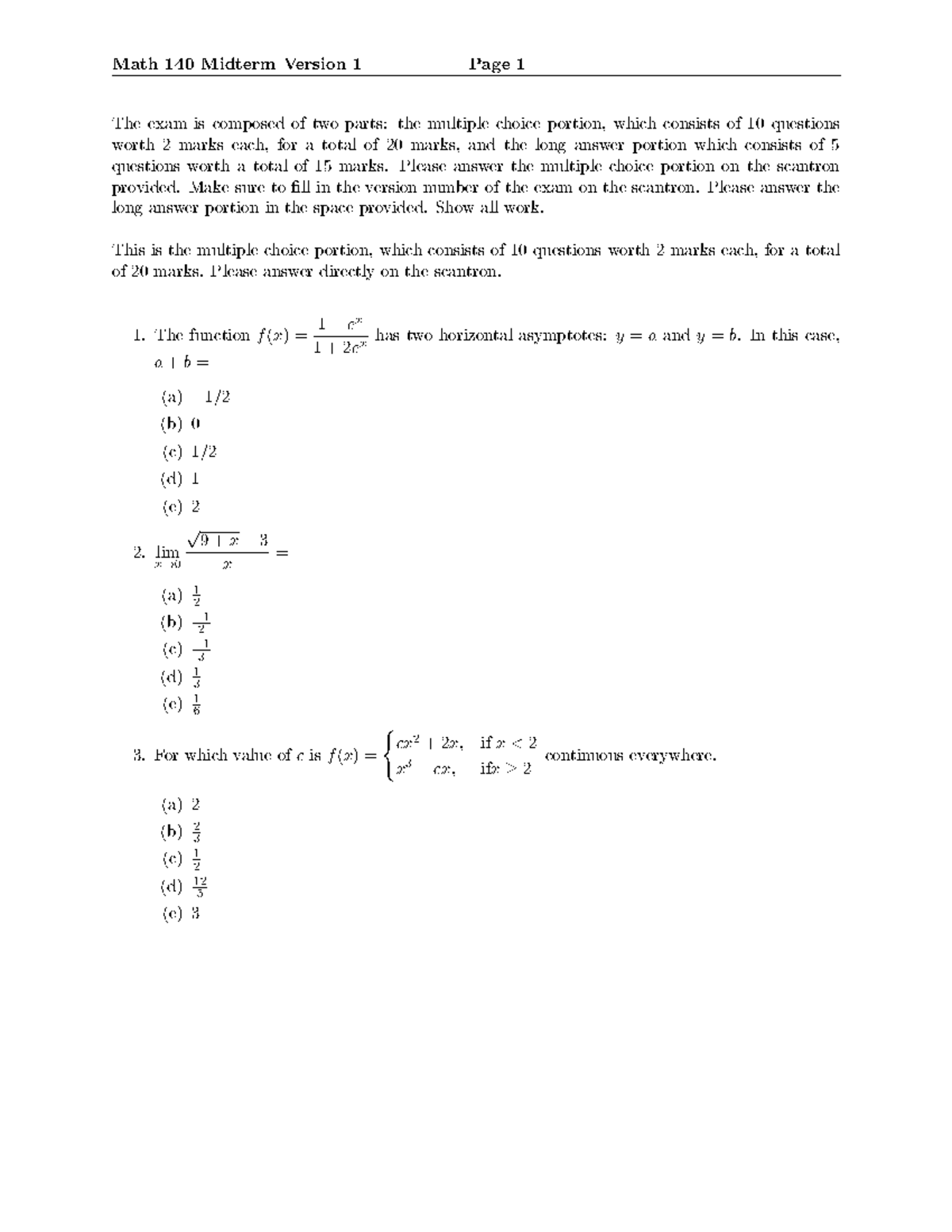 Math140midterm Fall 2018 V1 - The exam is composed of two parts: the ...