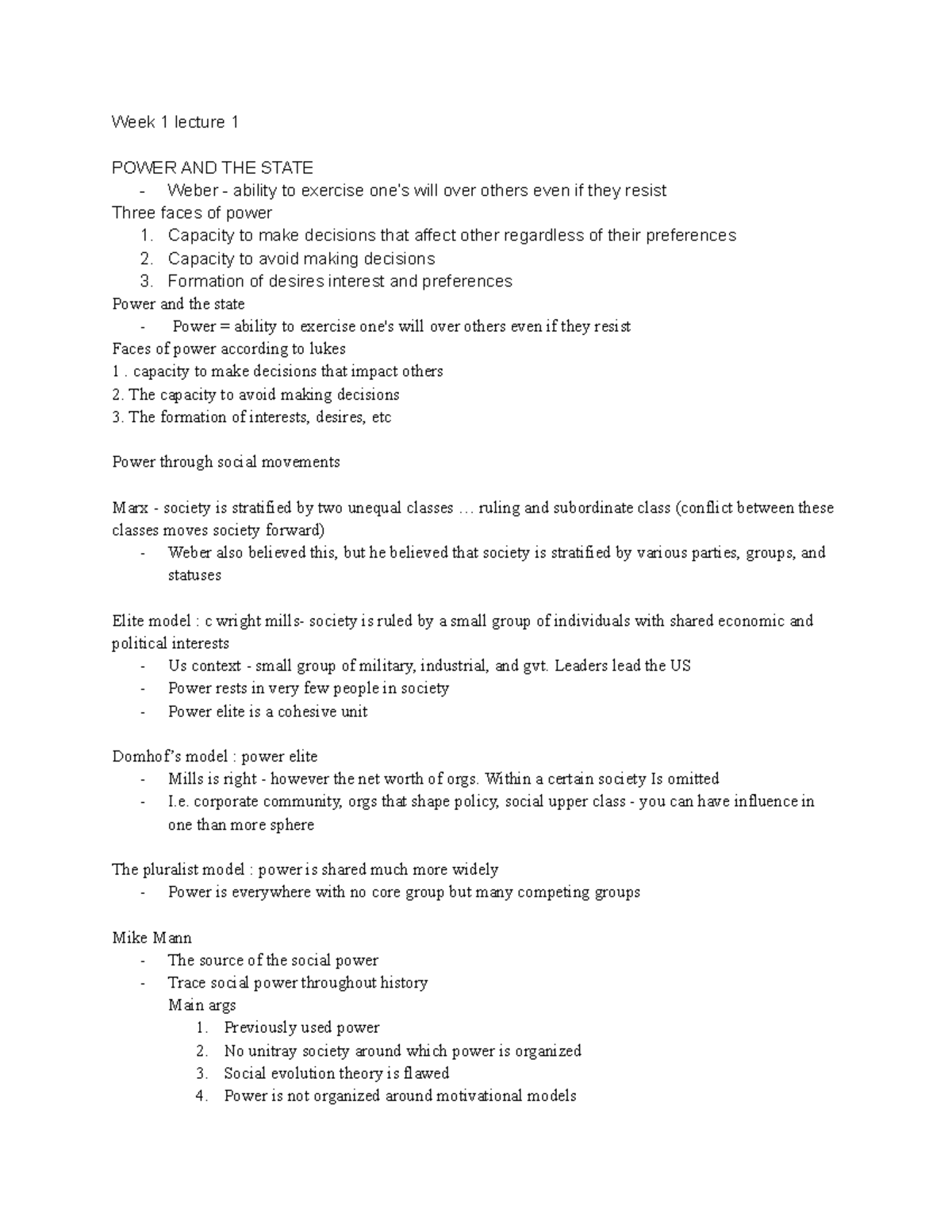 Socy100 - lecture notes sem 1 and 2 - Week 1 lecture 1 POWER AND THE ...