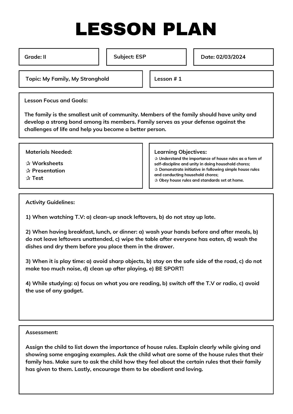 My Family, My Stronghold Lesson Plan (NST 016) - Grade: II Subject: ESP ...