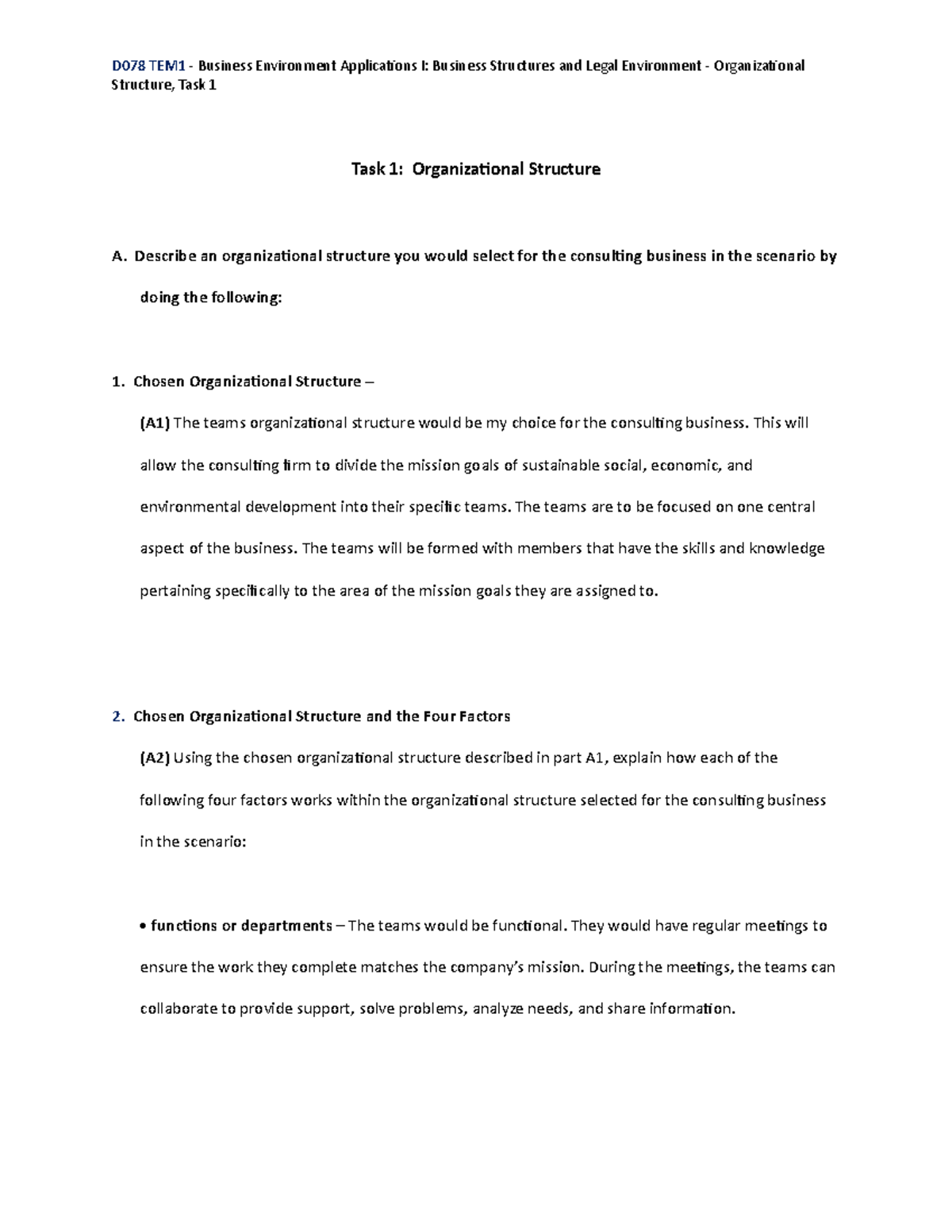 D078 Task 1 - Assessment task 1 - D078 TEM1Structure, Task 1 - Business ...