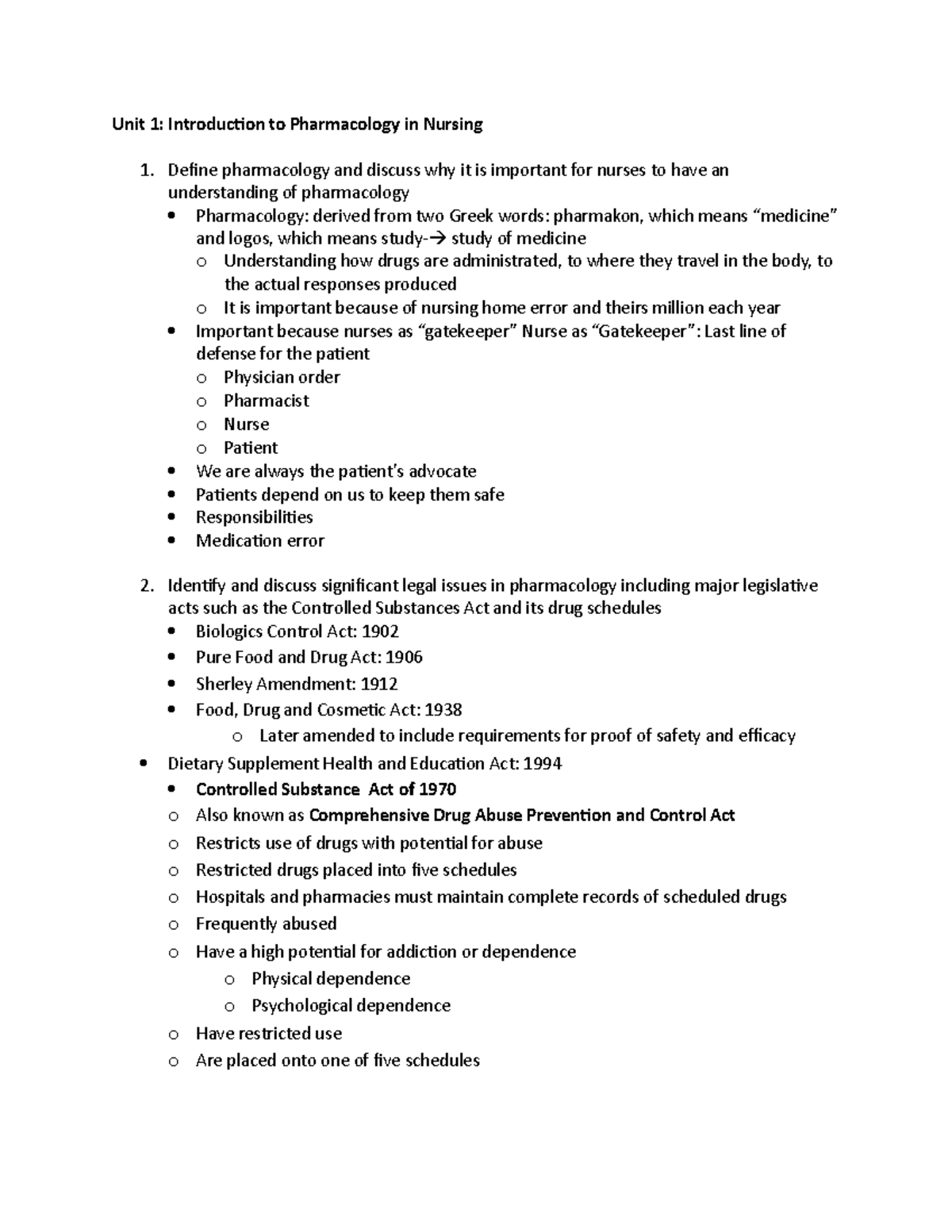 Unit 1 Intro - Unit 1 Notes - Unit 1: Introduction to Pharmacology in ...