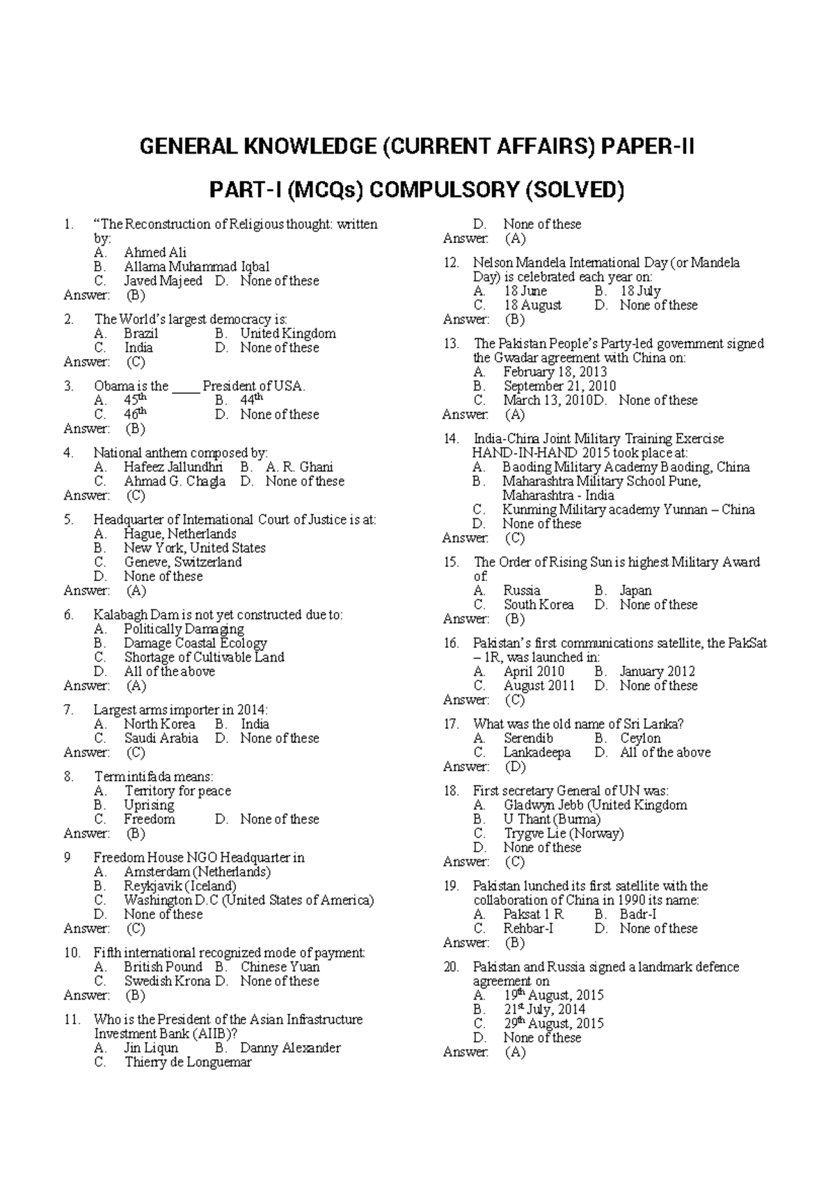 Current Affairs 2016 MCQs - GENERAL KNOWLEDGE (CURRENT AFFAIRS) PAPER ...