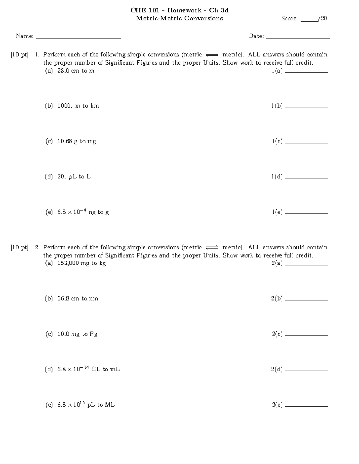 CHE101 Homework - CHE 101 - Homework - Ch 3d Metric-Metric Conversions ...