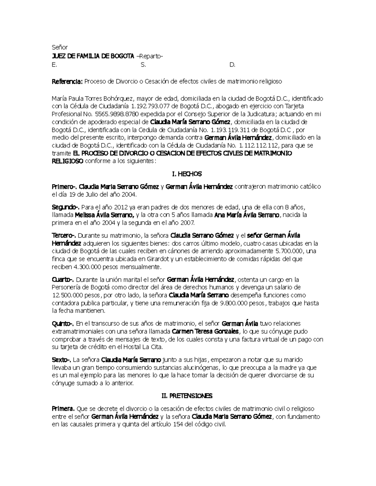 modelo de Demanda de divorcio - Señor JUEZ DE FAMILIA DE BOGOTA
