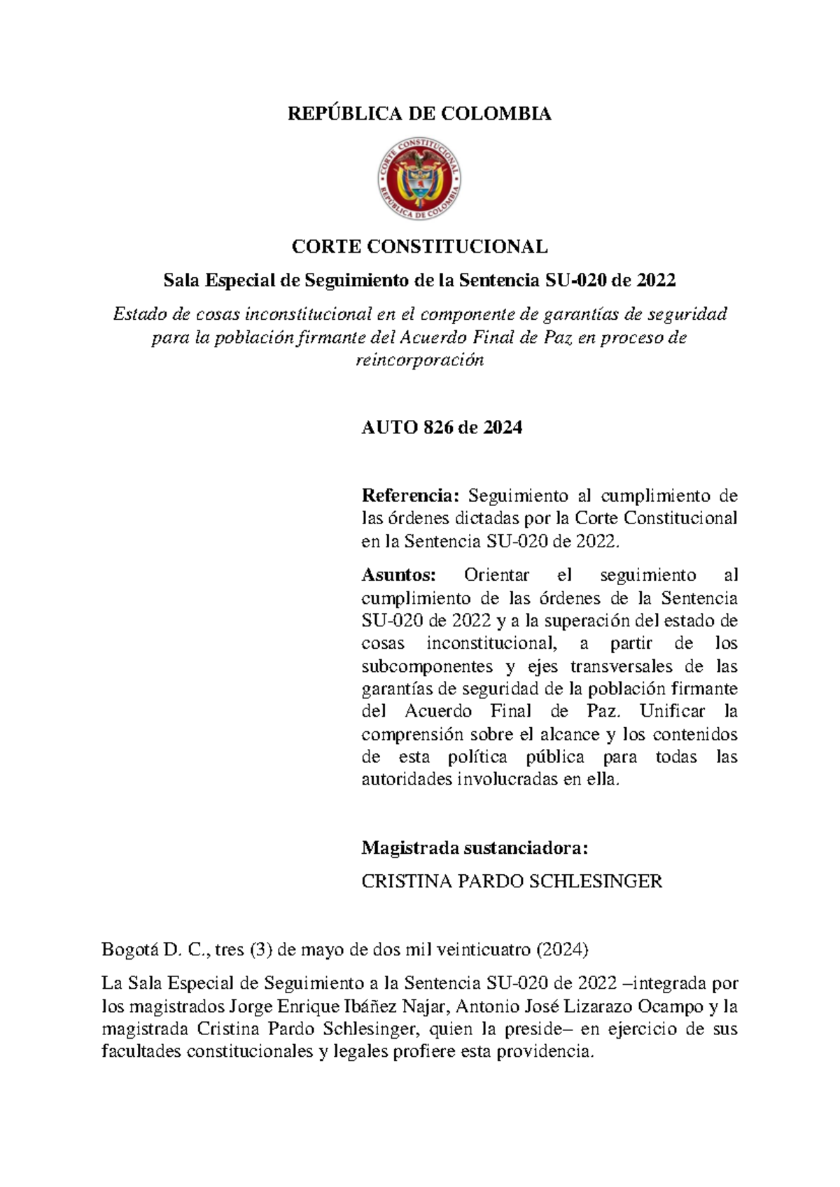 Auto 826 de 2024 SU-020 2024 - REPÚBLICA DE COLOMBIA CORTE