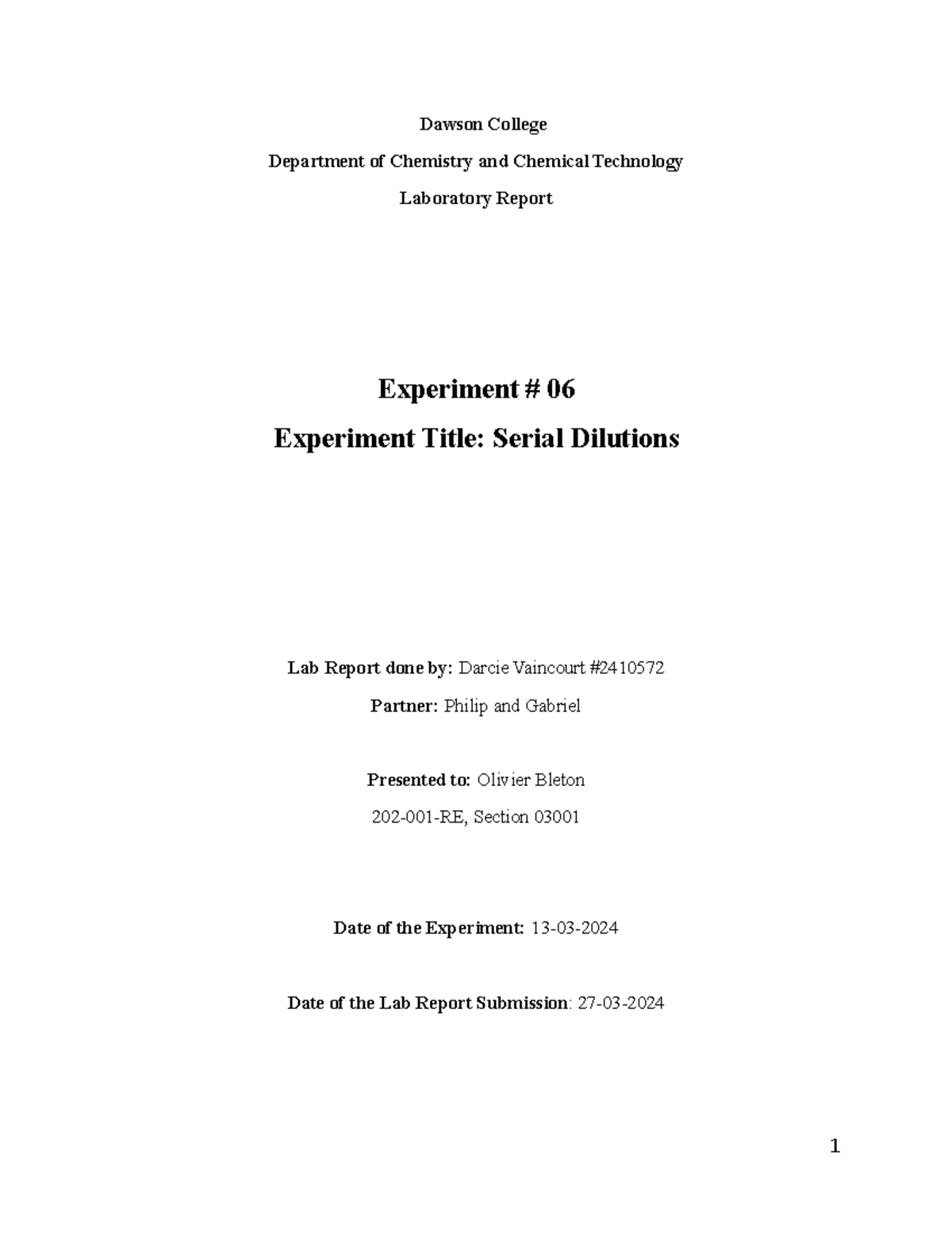 Dawson College Lab Report 6 - Dawson College Department of Chemistry ...