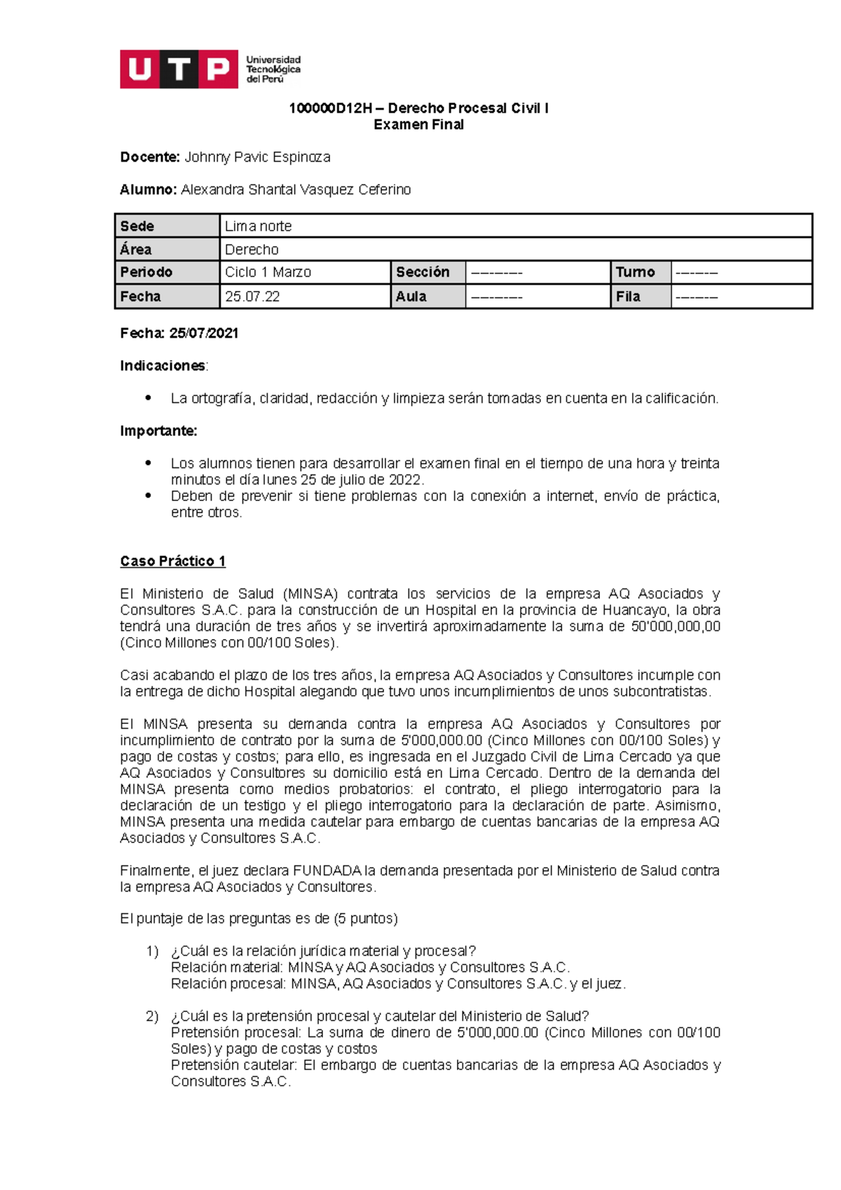 Examen Final - D. Procesal Civil I-2 - 100000D12H – Derecho Procesal ...