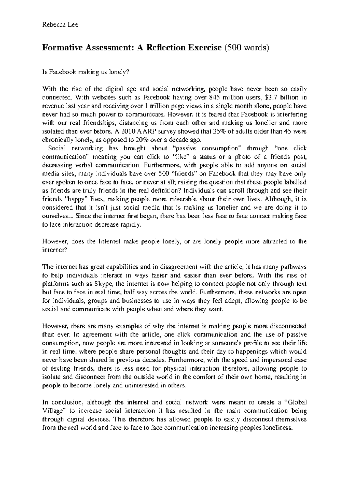 Formative Assessment reflection Is Facebook making us lonely? - Rebecca ...