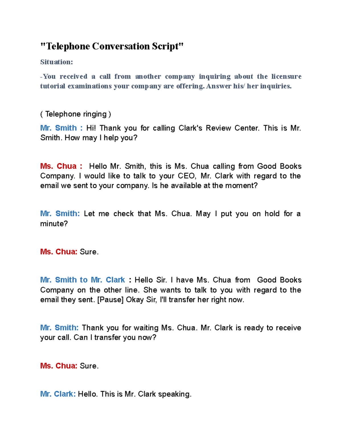 Activity Telephone Script Writing - 