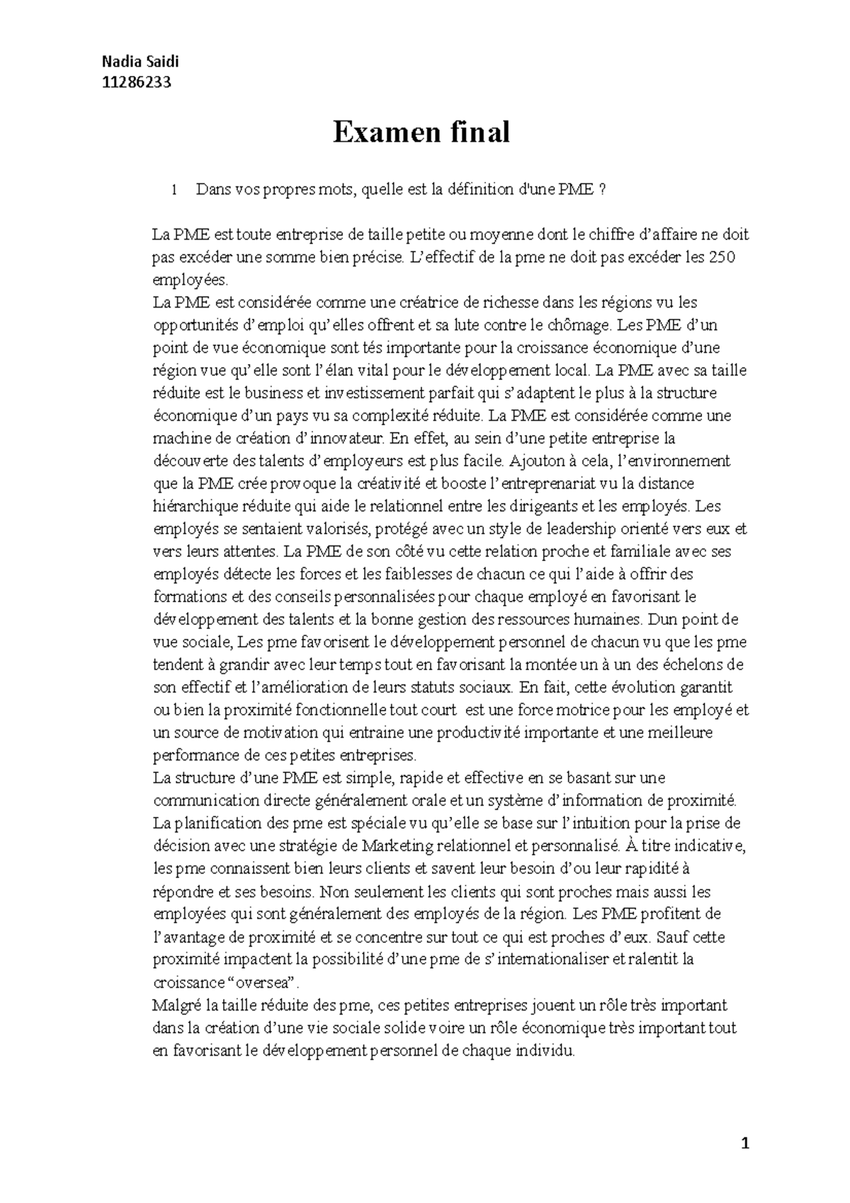 Examen final pme 11286233 Examen final 1 Dans vos propres mots, quelle est la définition d'une Examen final pme 11286233 Examen final 1 Dans vos propres mots, quelle est la définition d'une