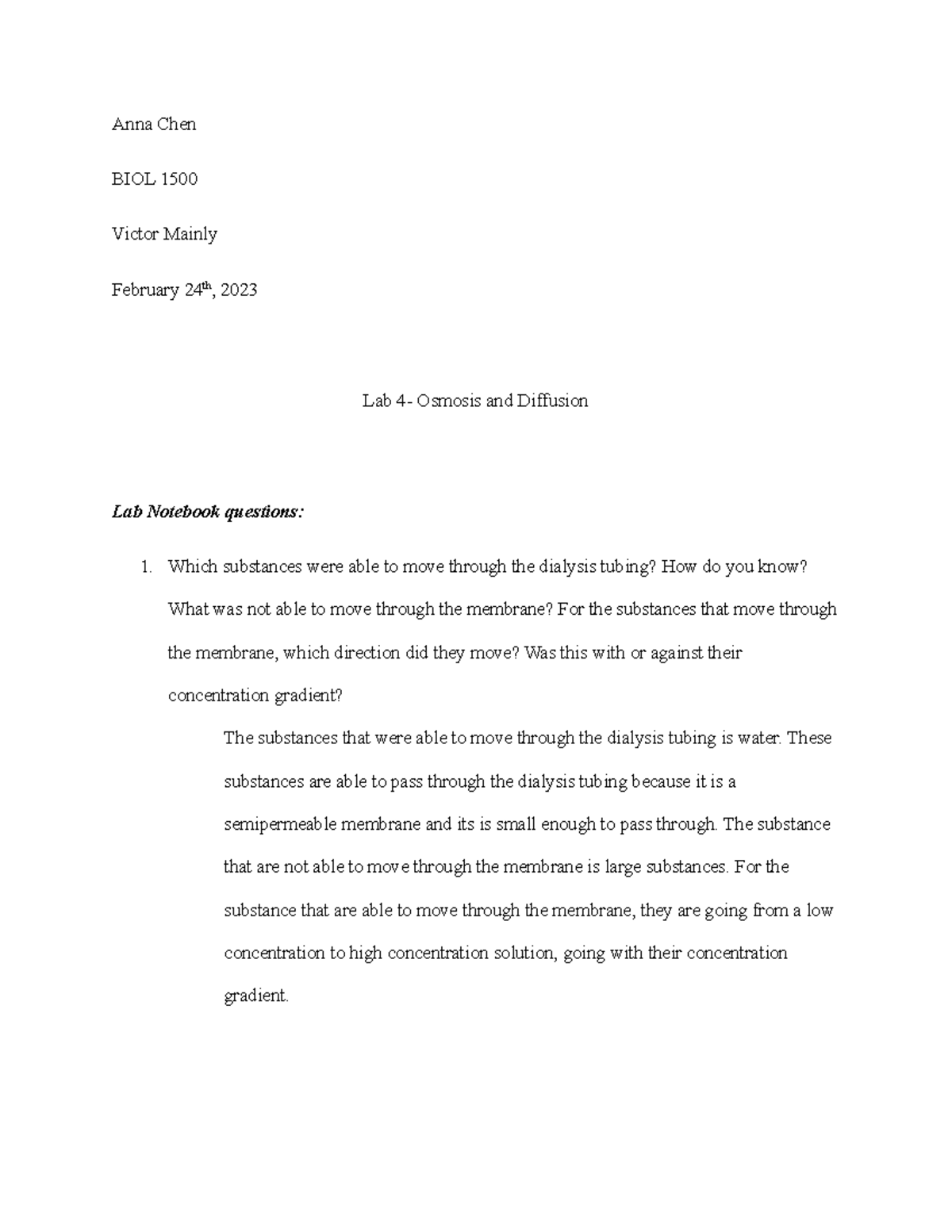 Lab 4 Osmosis and Diffusion Report - Anna Chen BIOL 1500 Victor Mainly ...
