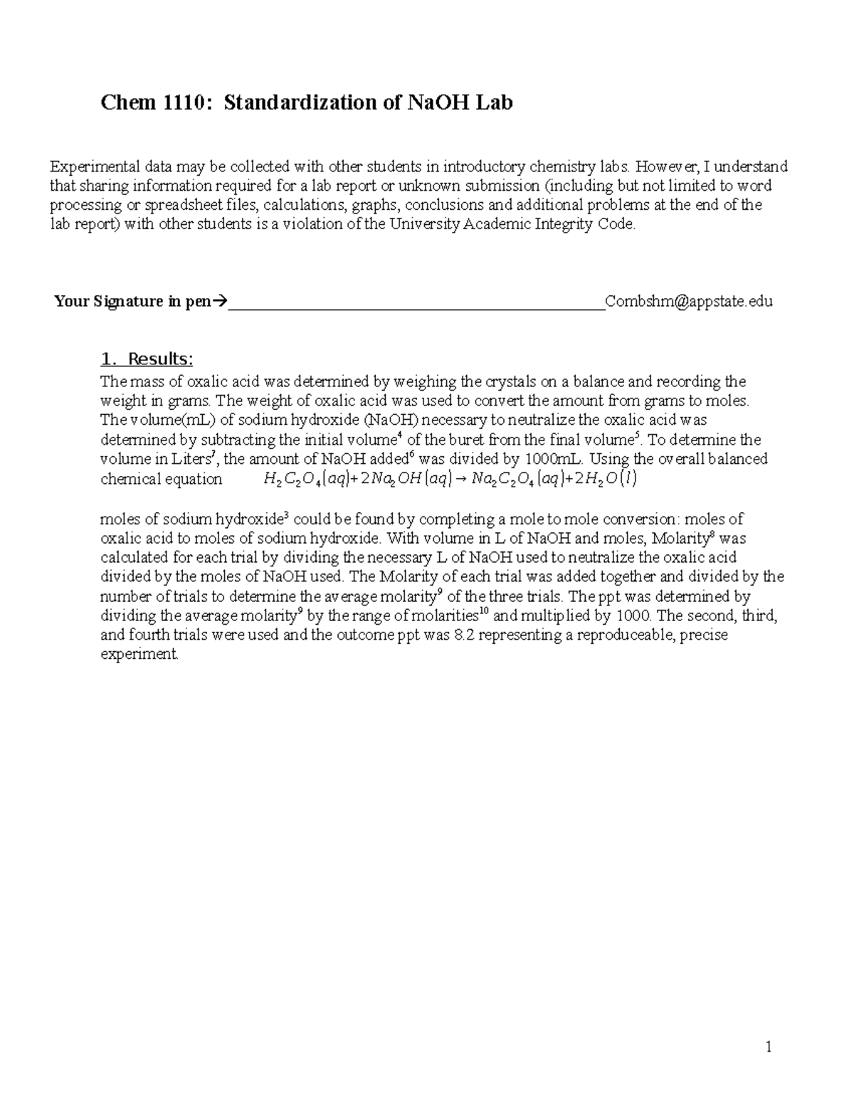Standardization of NaOH lab report - Chem 1110: Standardization of NaOH ...