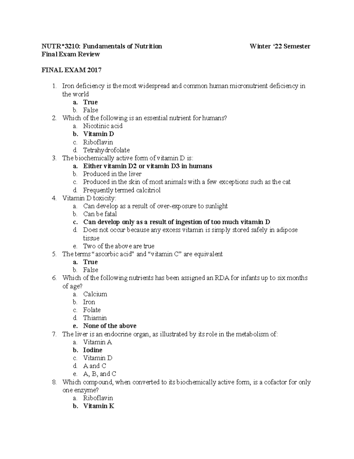 Final Exam Review - NUTR*3210: Fundamentals of Nutrition Winter ‘22 ...