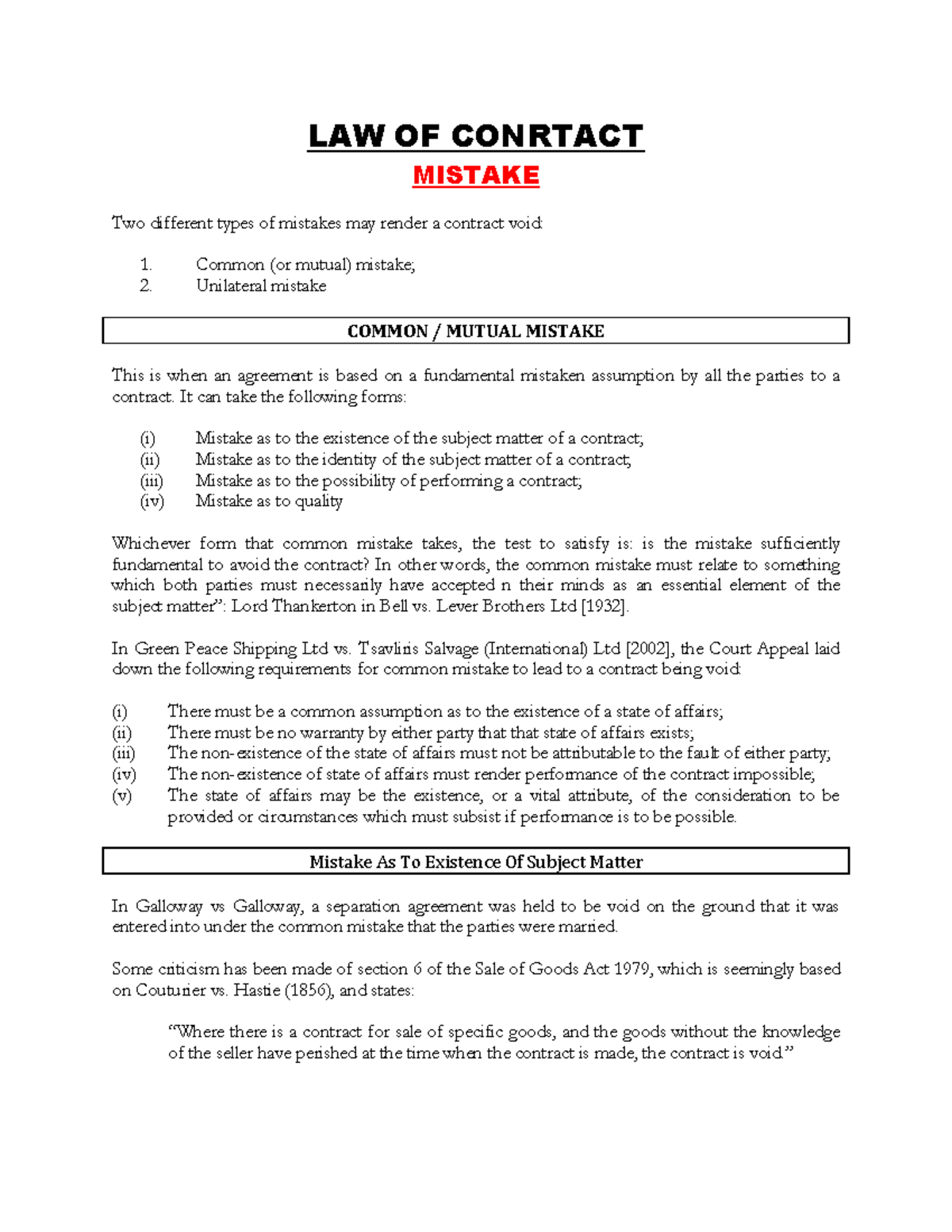 Mistake - LAW OF CONRTACT MISTAKE Two Different Types Of Mistakes May ...