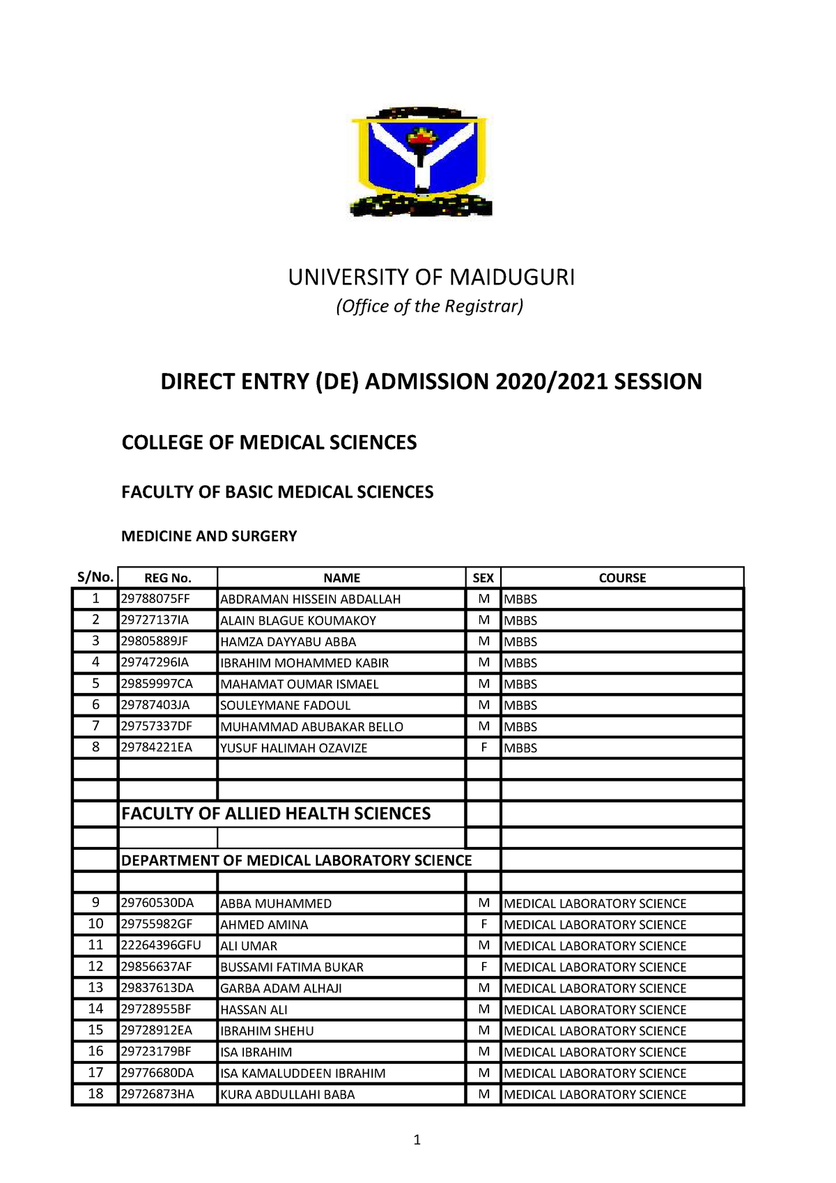 Unimaid DE Admission 2020 2021 Session - Pure And Applied Chemistry ...