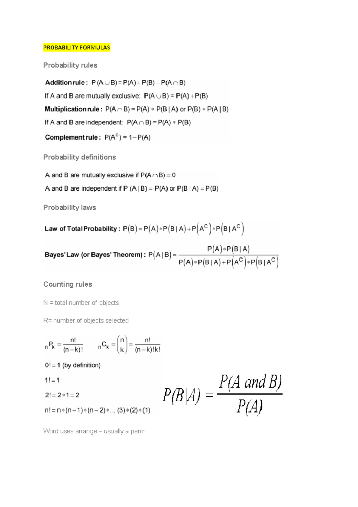 Probability Formulas - ECON1203 - PROBABILITY FORMULAS Probability ...