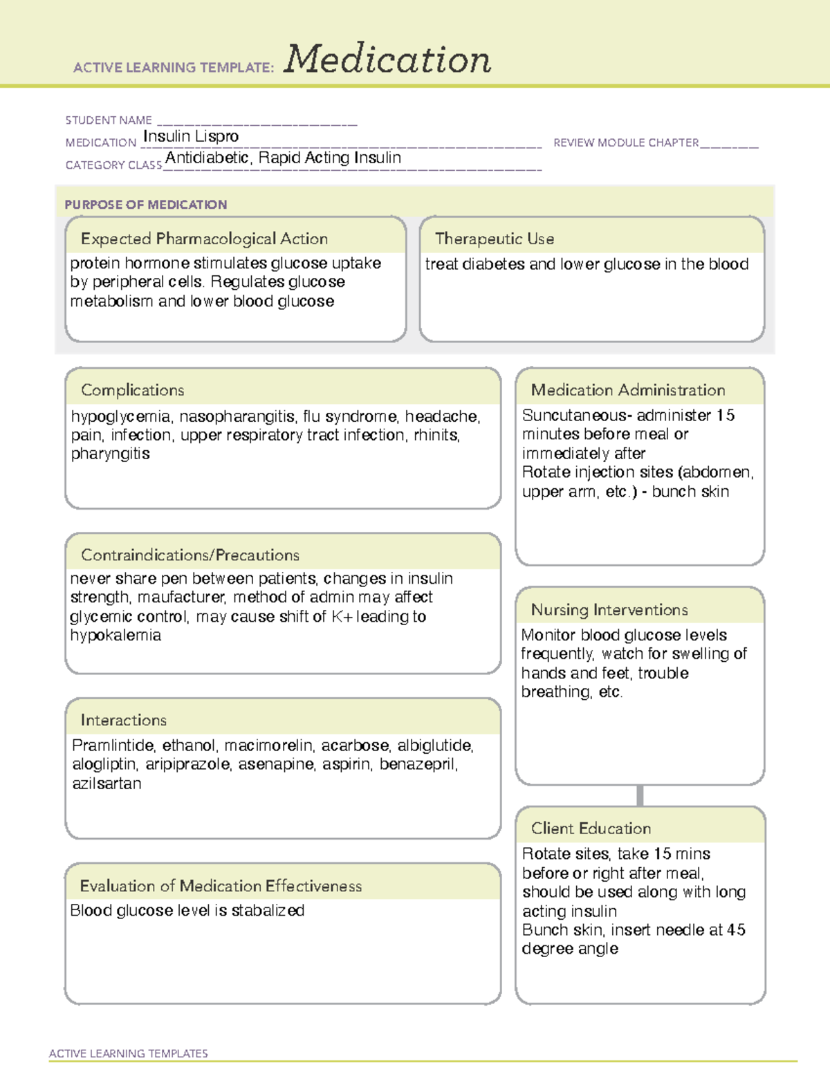 Insulin Lispro ACTIVE LEARNING TEMPLATES Medication STUDENT NAME