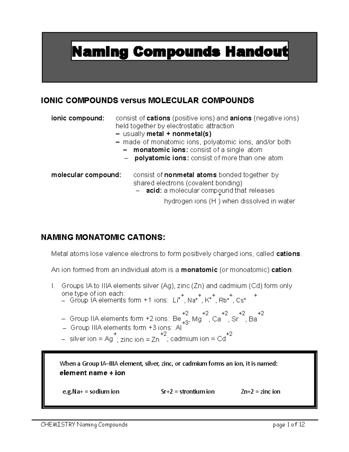 Naming Compounds Lab CHEMISTRY Naming Compounds Handout page 1 of 12