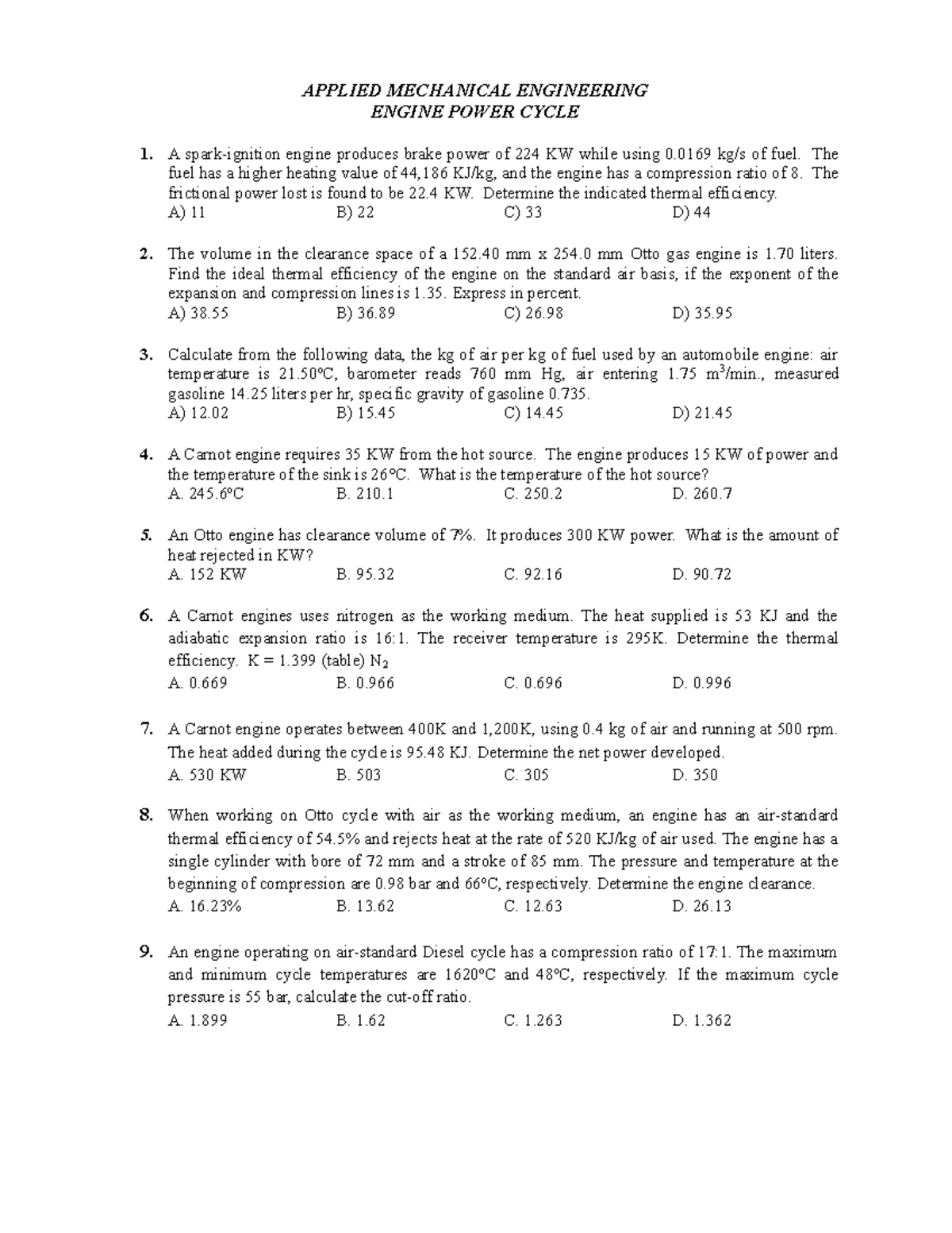 P Engine Power Cycle - a - APPLIED MECHANICAL ENGINEERING ENGINE POWER ...