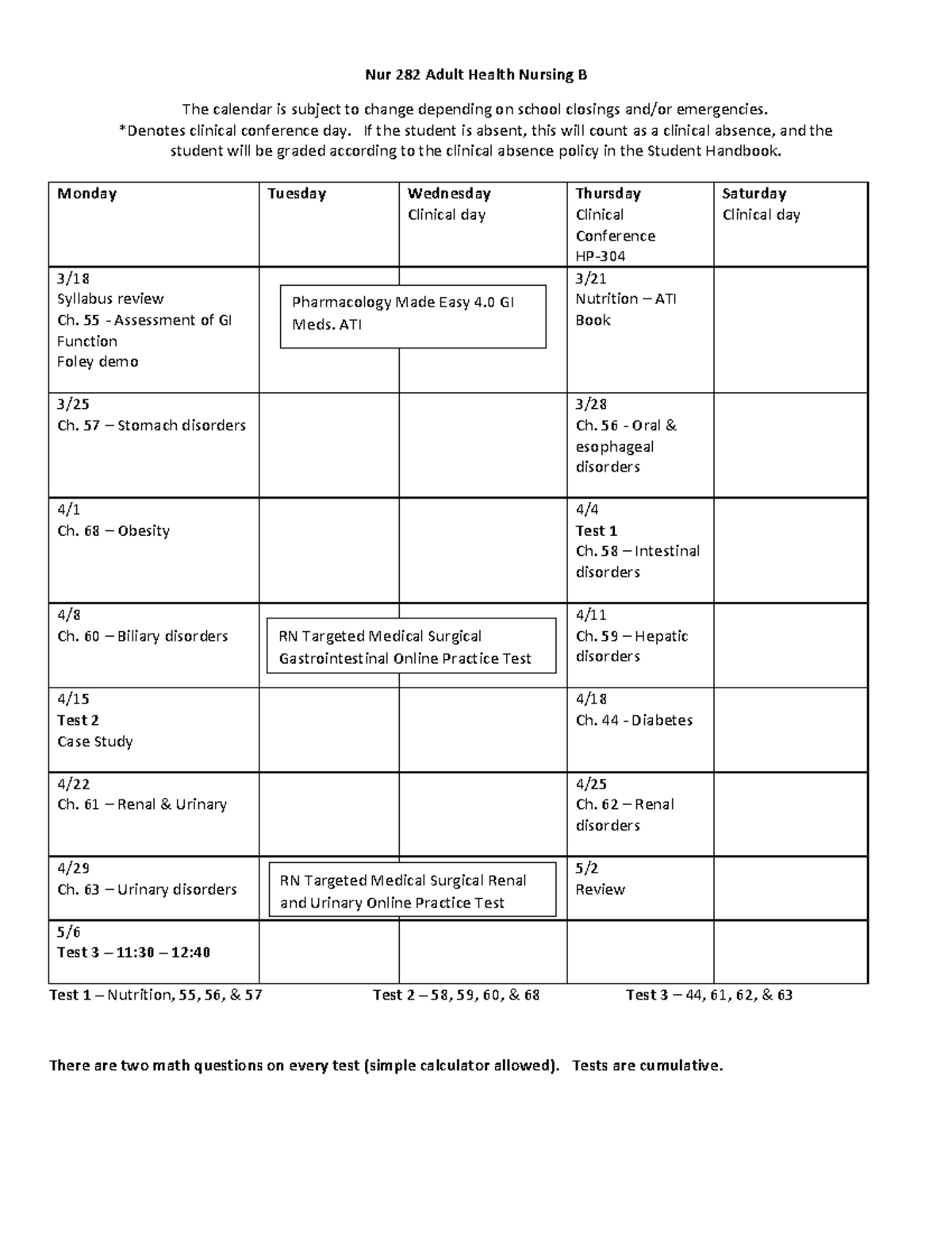 282-002 2024 Spring weekly calendar. PDF - Nur 282 Adult Health Nursing ...