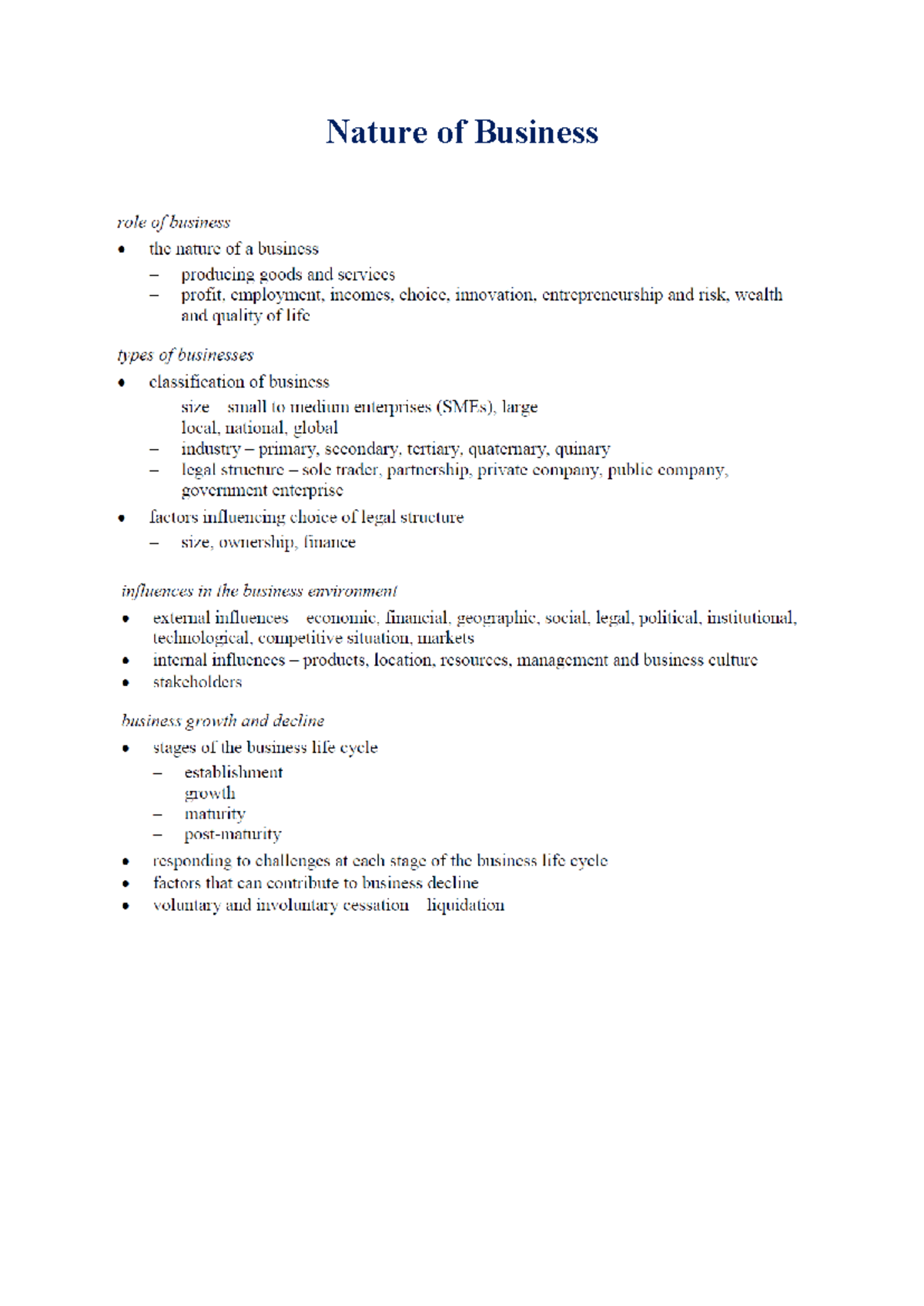 Full Business Notes - Nature of Business Role of business Producing ...