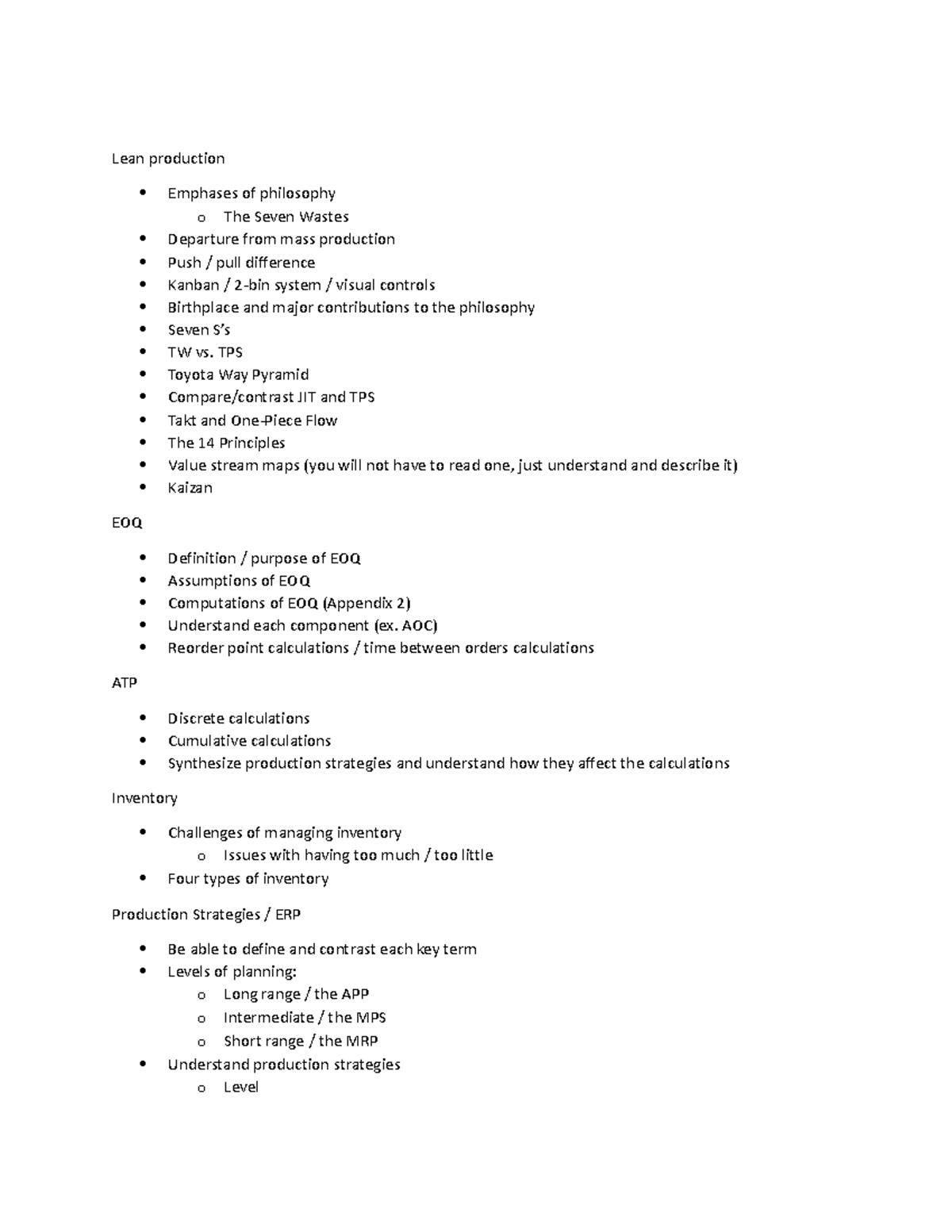 Main Review-1 - review for exam 1 - Lean production Emphases of ...