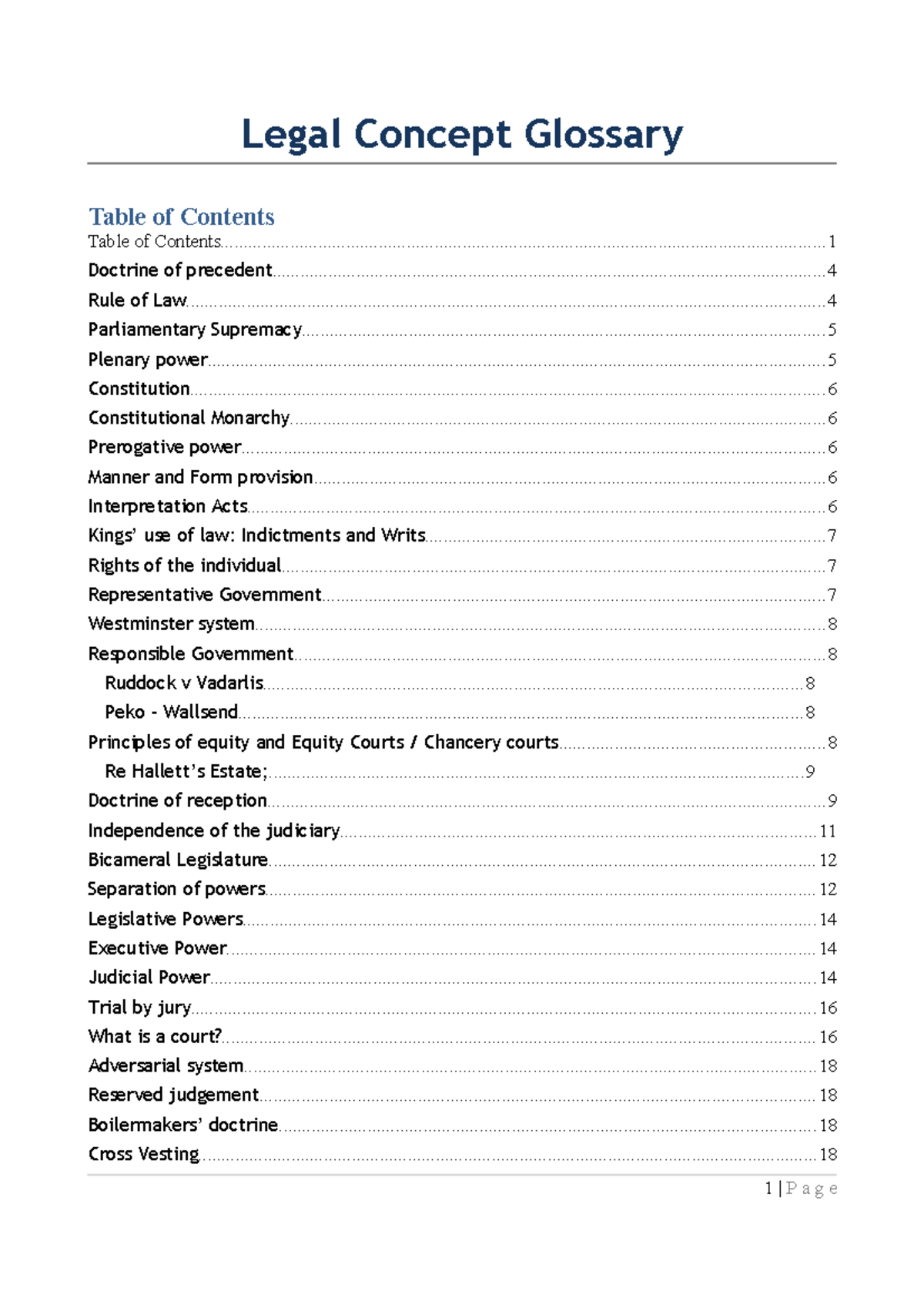 Legal institution summary notes 2019 Legal Concept Glossary Table of