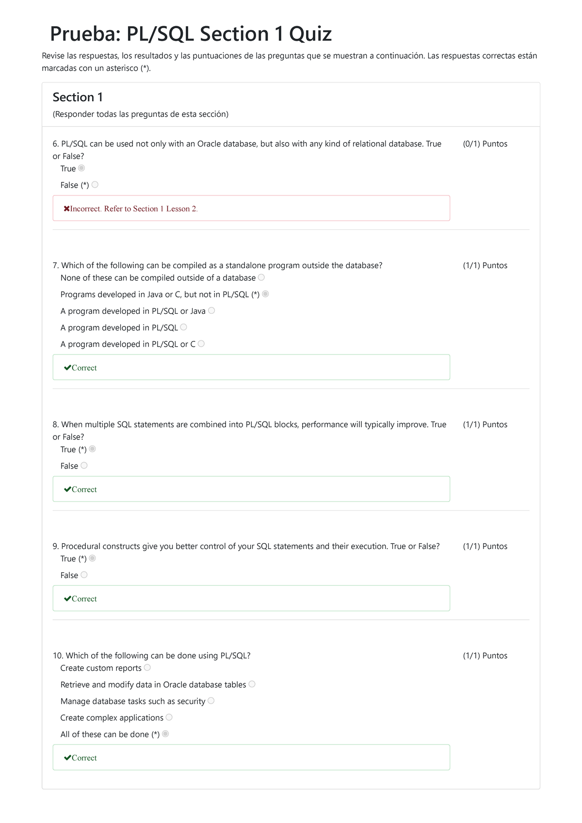 PL SQL Section 1 Quiz 5 - Prueba: Section 1 Quiz Revise las respuestas ...
