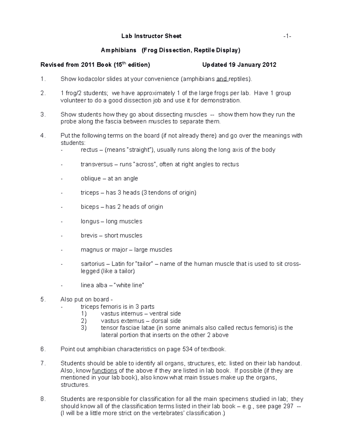 Amphibia (Frog) Lab Instructor Sheet Revised from 2011 Book 15th ed ...