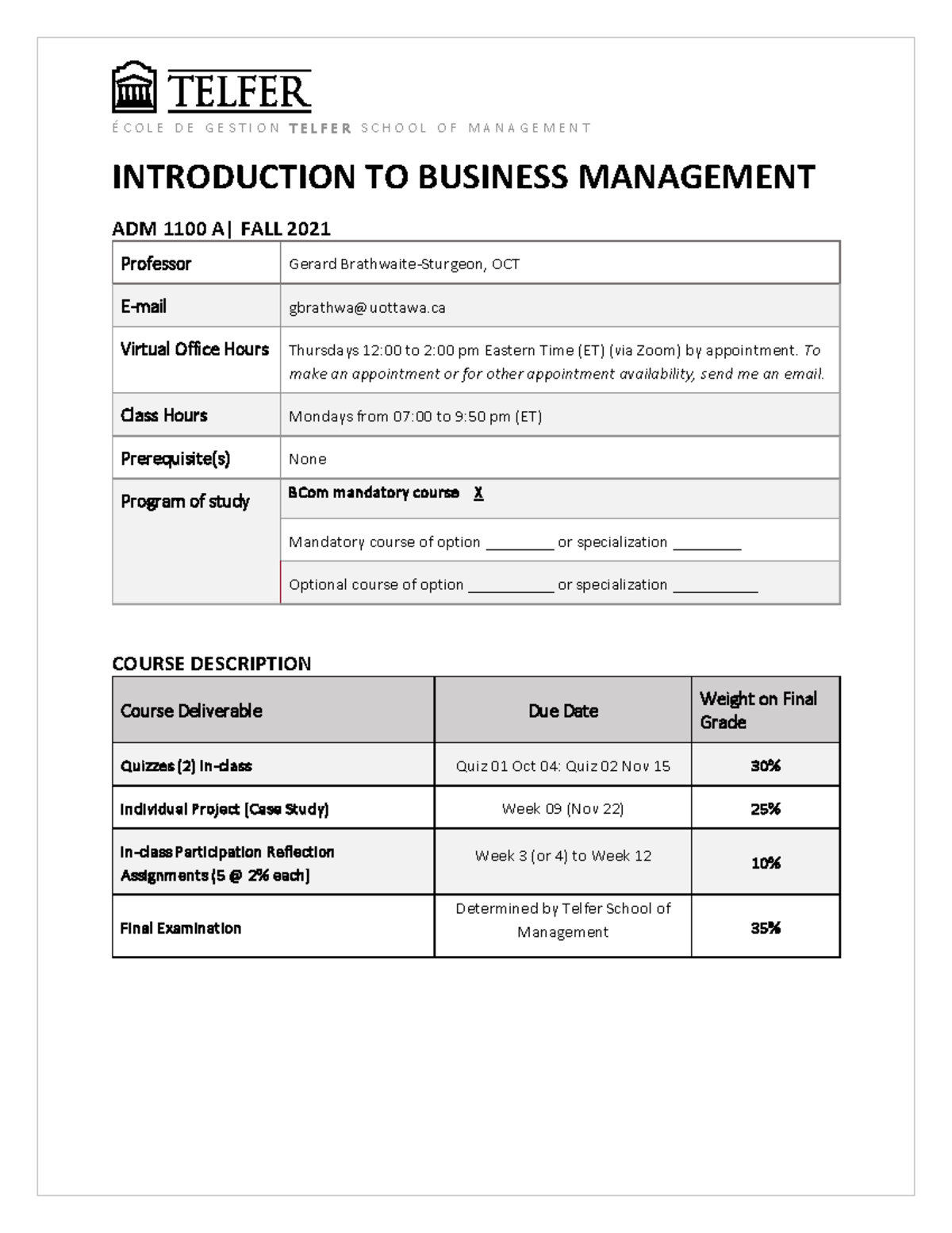 ADM 1100 A Course Outline Fall 2021 - ... C O L E D E G E S T I O N ...