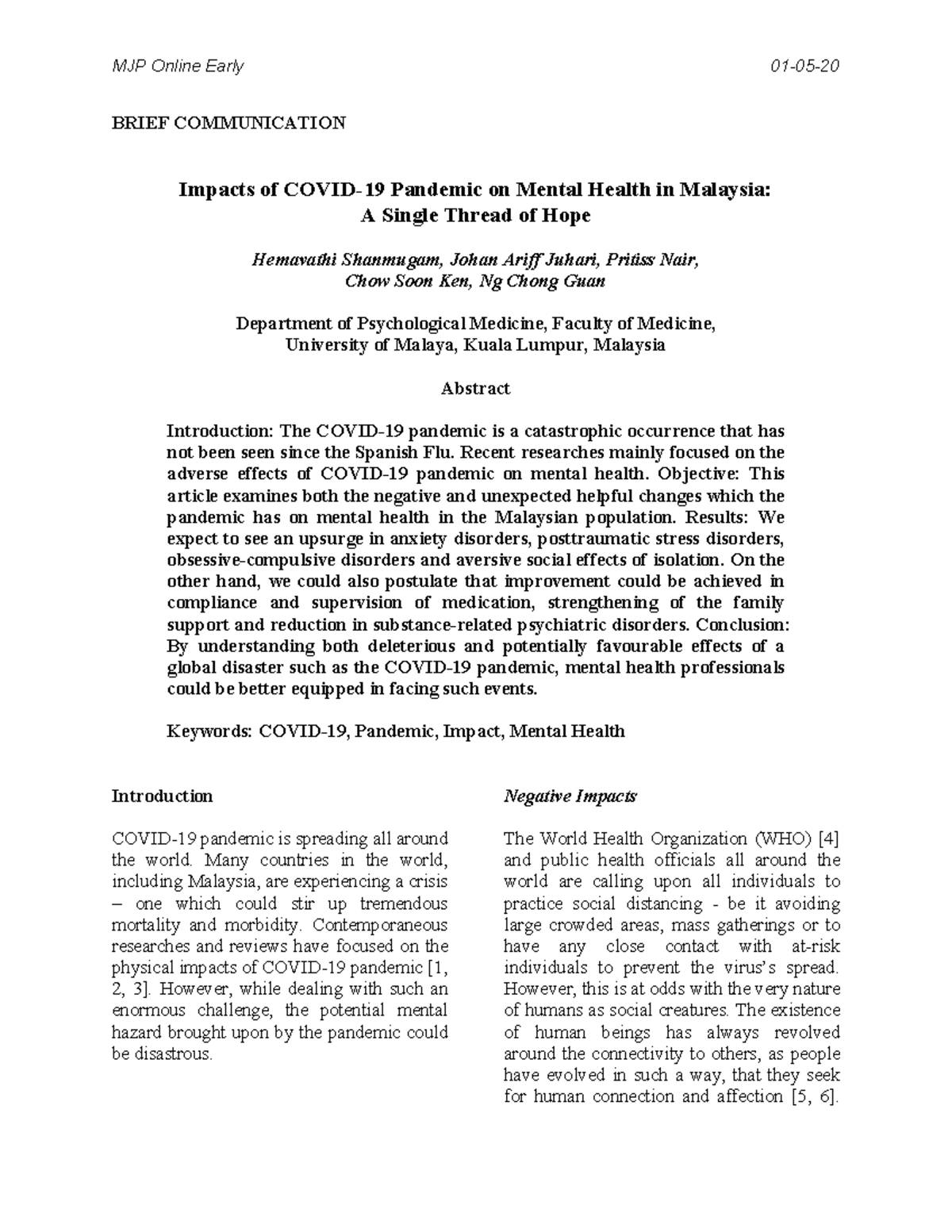 Impact of covid to mental health article - BRIEF COMMUNICATION Impacts ...