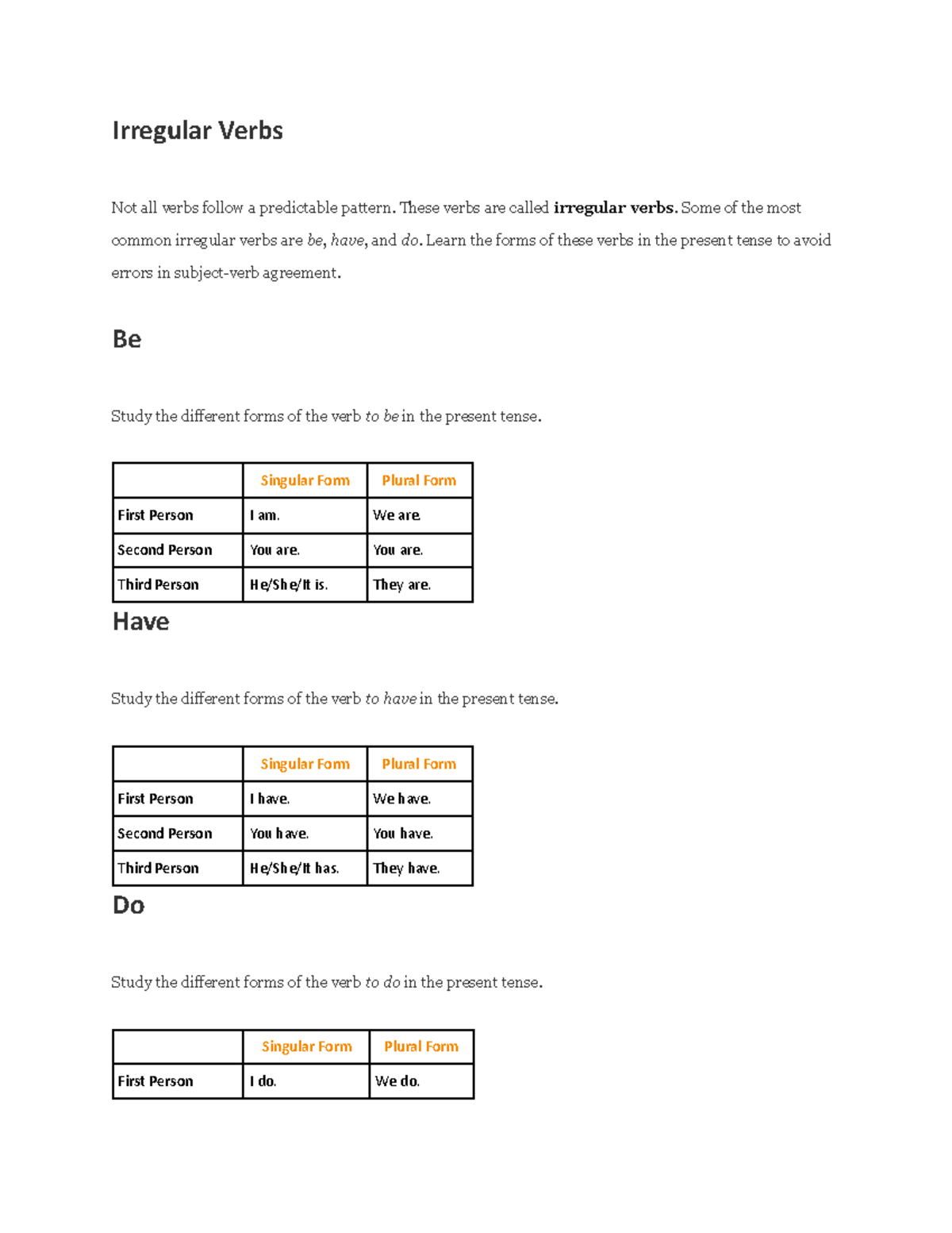 1.2 Subject-Verb Agreement part 2 - Irregular Verbs Not all verbs ...