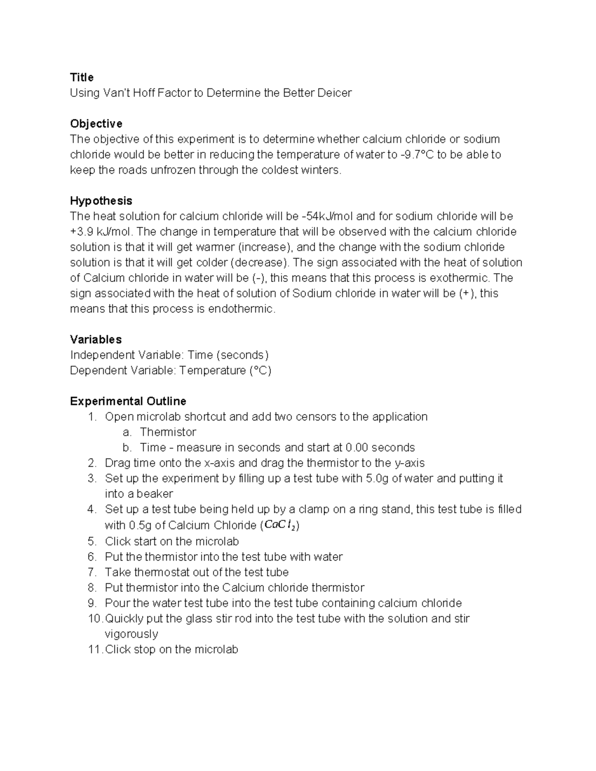 Experiment 13 Lab Report Title Using Van’t Hoff Factor to Determine