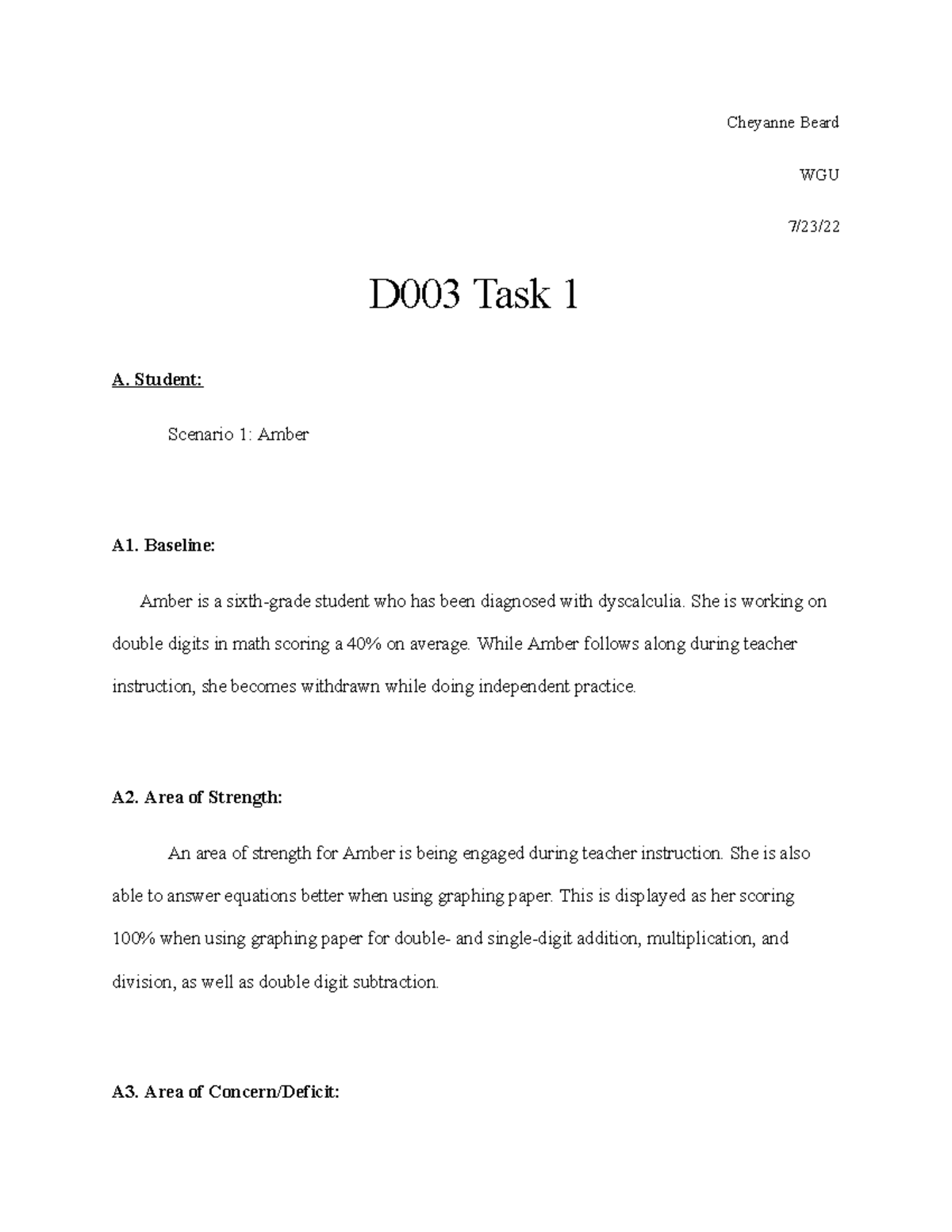 D003 Task 1 WGU Objective Assessment for Task 1 example. Cheyanne