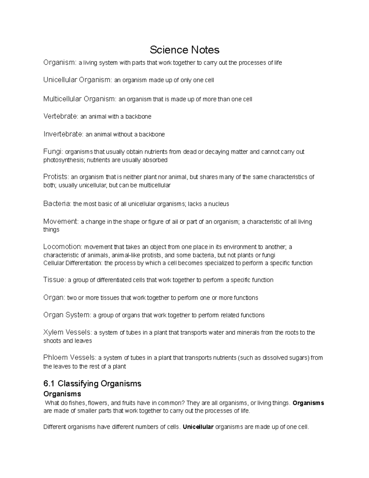 Science Study Notes - Science Notes Organism: a living system with ...