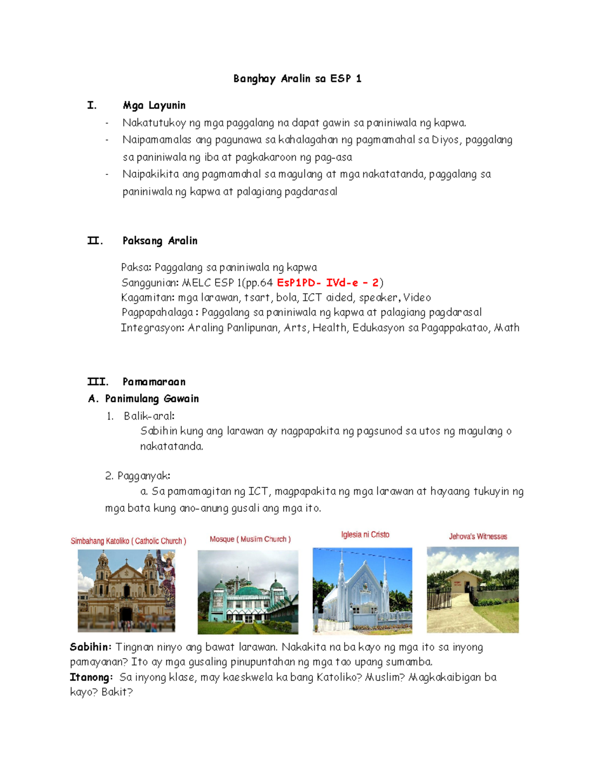 DLP ESP - Detailed lesson plan for Esp - Banghay Aralin sa ESP 1 I. Mga ...