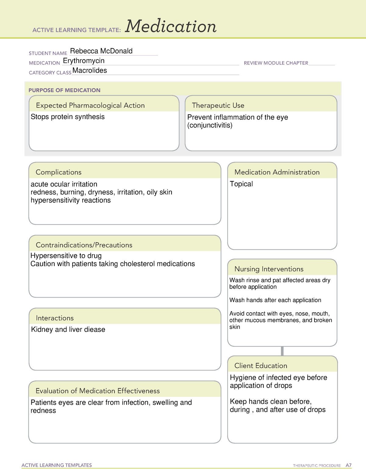 Erythromycin Med Card ACTIVE LEARNING TEMPLATES THERAPEUTIC PROCEDURE