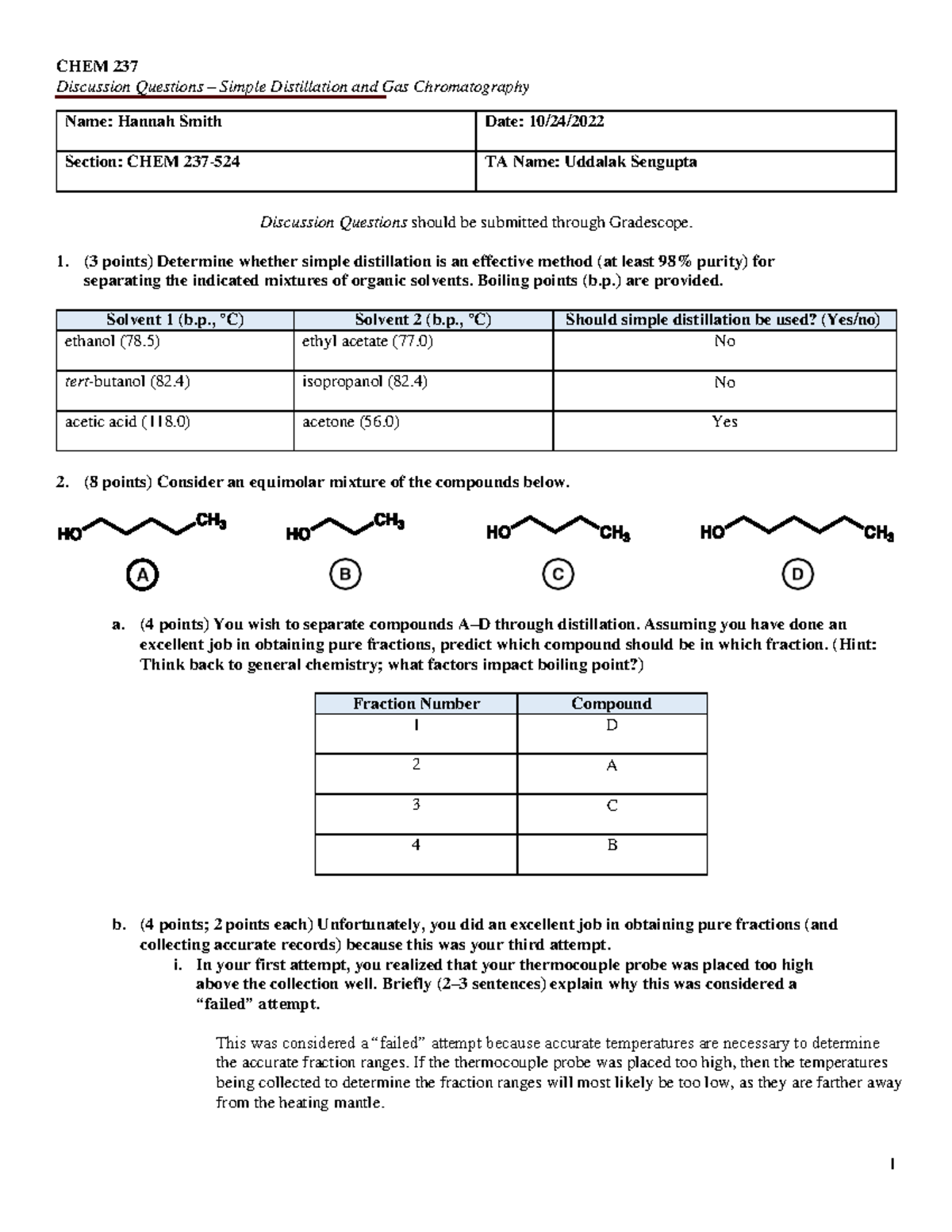 Simple distillation gc discussion questions CHEM 237 Discussion