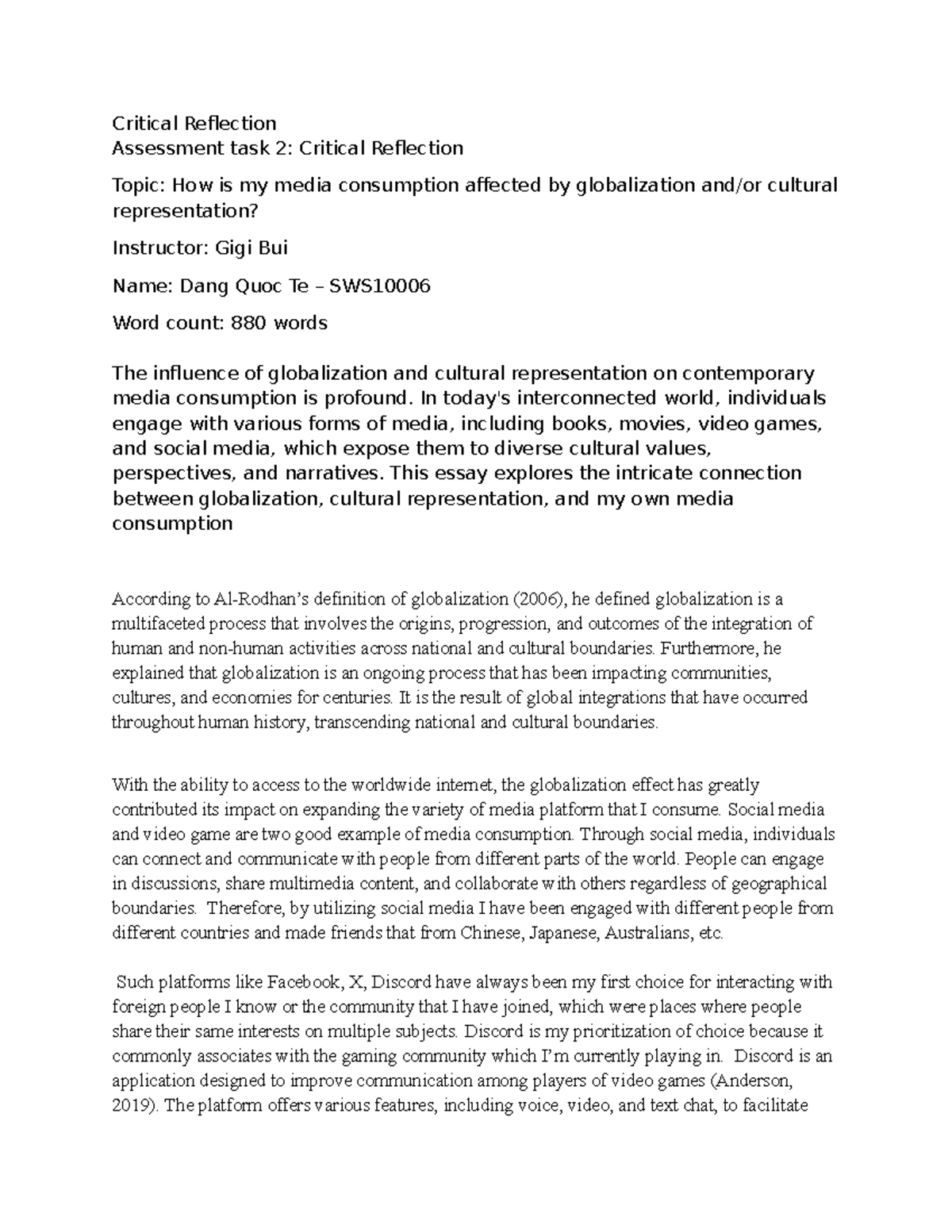 Assessment task 2: Critical Reflection - Critical Reflection Assessment ...