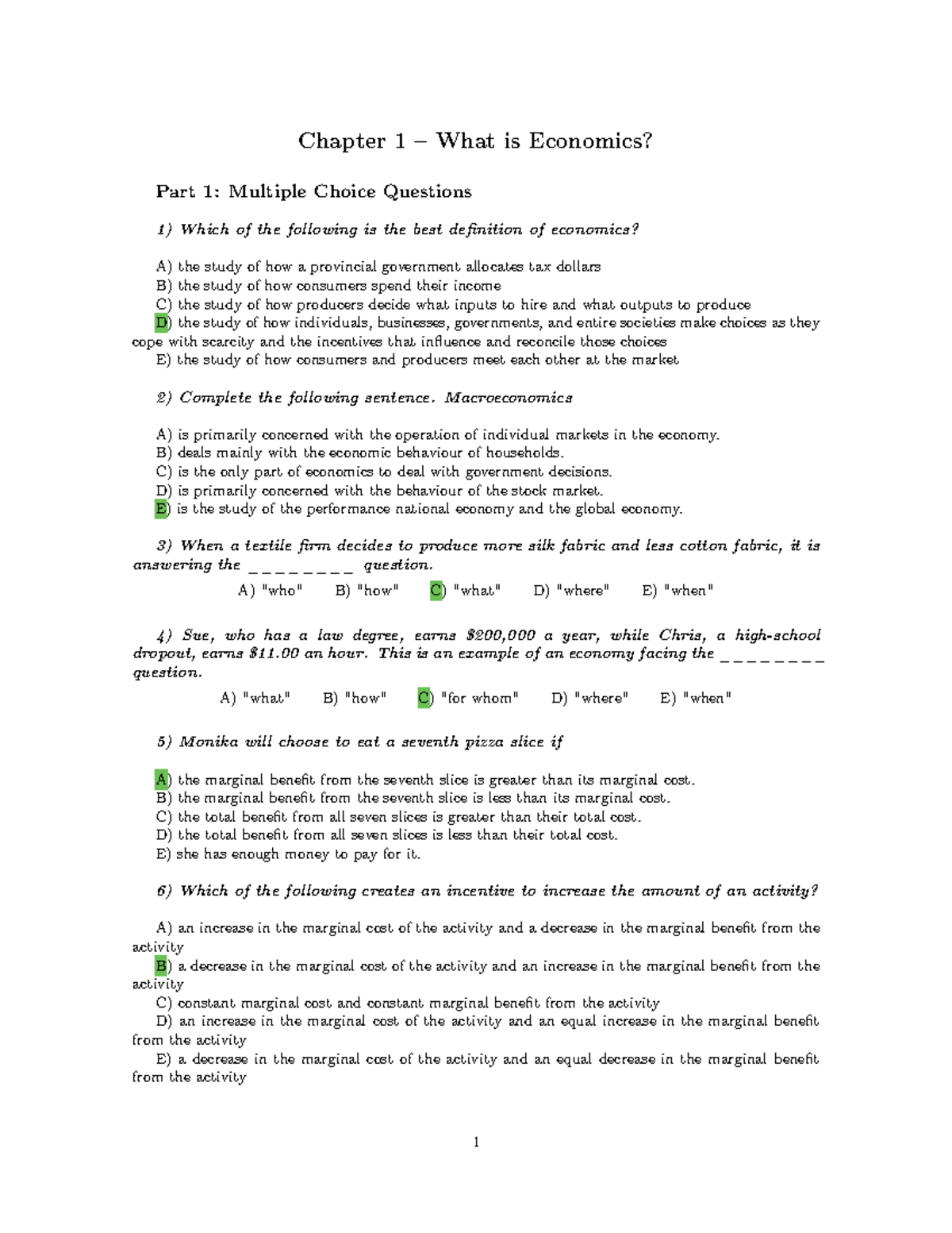 Chapter 1 RQ - Chapter 1 – What is Economics? Part 1: Multiple Choice ...