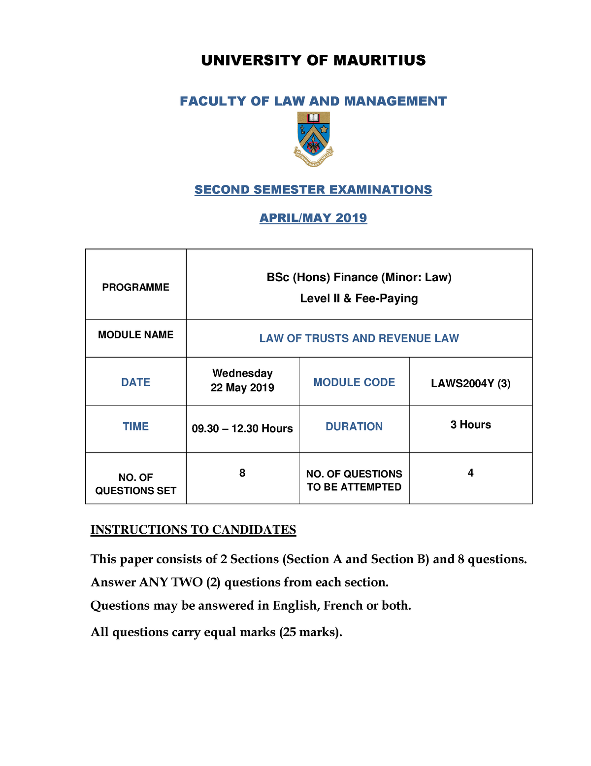 LAWS2004 Y 3 2019 2 - Past papers - UNIVERSITY OF MAURITIUS FACULTY OF ...