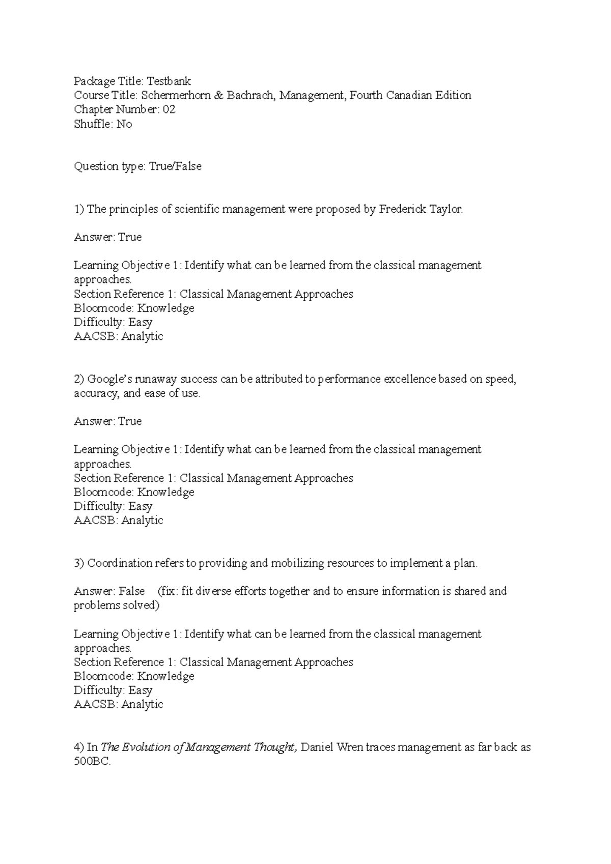 TEST BANK Chapter 2 - Management by John R.Schermerhorn - Package Title ...