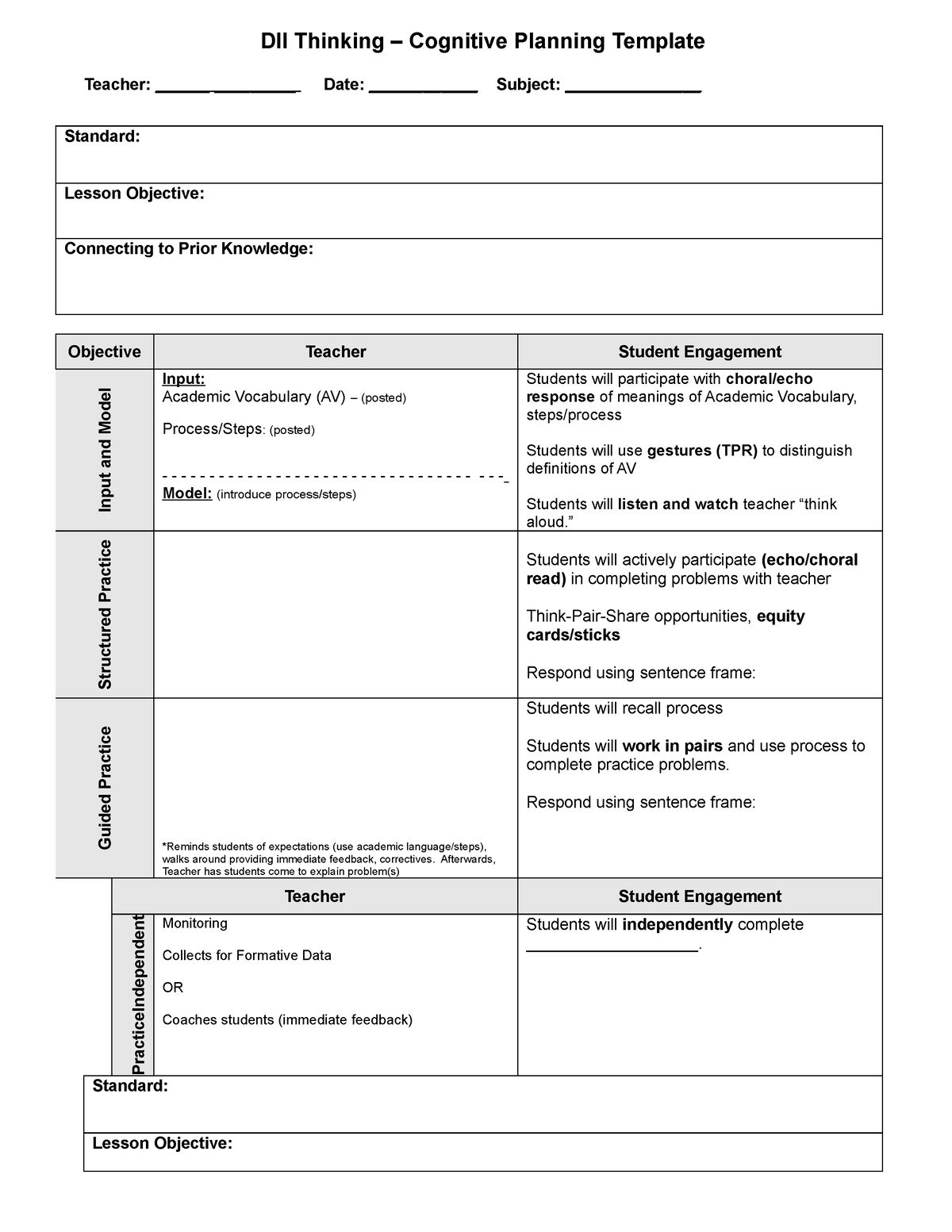 DII Lesson Plan template - DII Thinking – Cognitive Planning Template ...