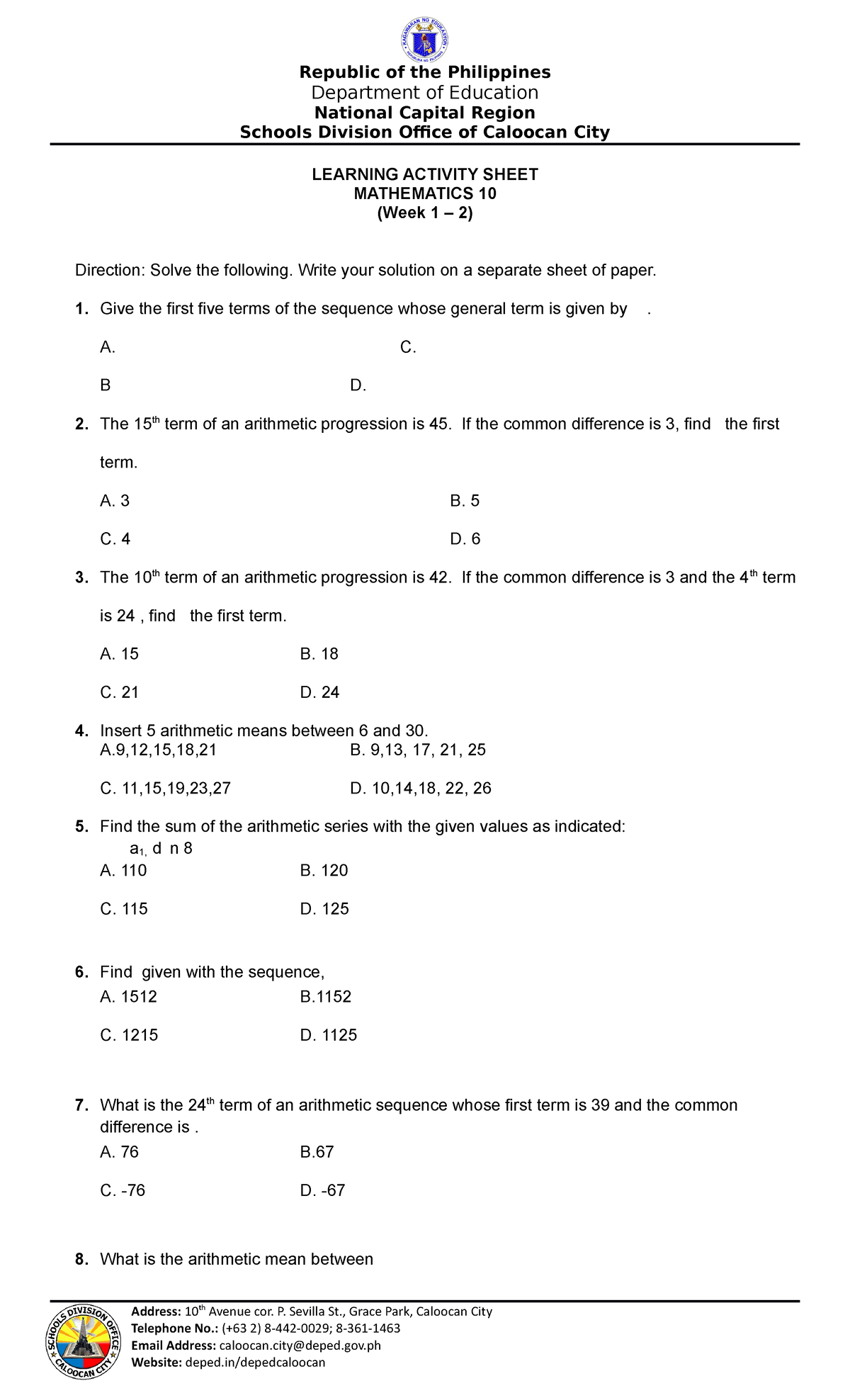 Math 10 Las 1 Weeks 1 2 Final Republic Of The Philippines Department Of Education National 