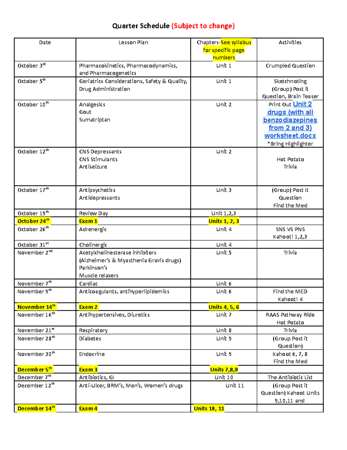 Quarter Schedule Winter 2023 - Quarter Schedule (Subject to change