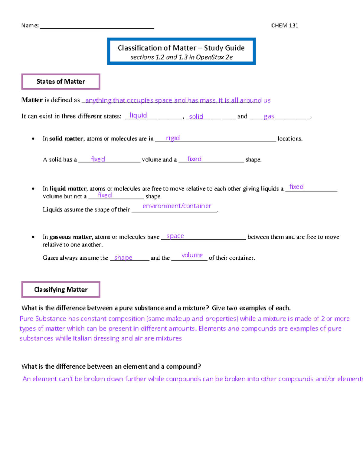 Chem 131 Chap 1 Study Guide 1 Name