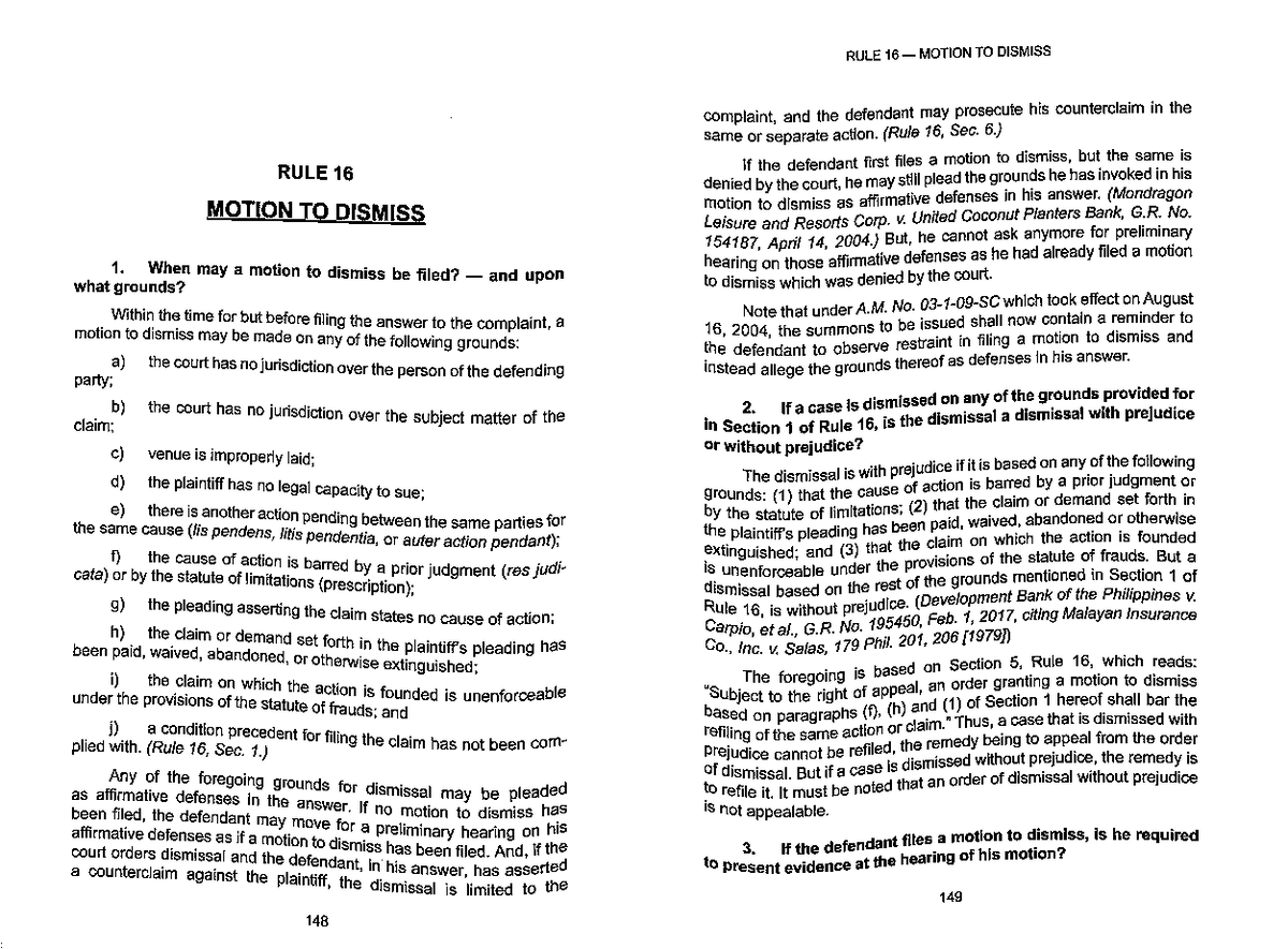 G - Rule-16-Motion-to-Dismiss - Civil Procedure - UBian - Studocu