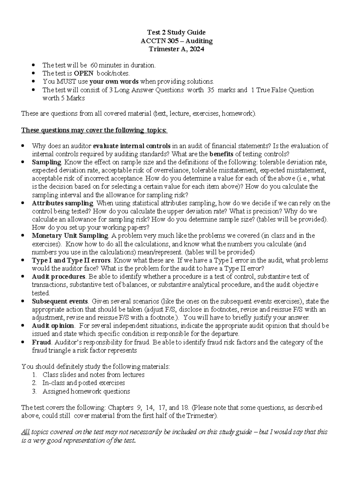 Study Guide for TEST 2 - Test 2 Study Guide ACCTN 305 – Auditing ...