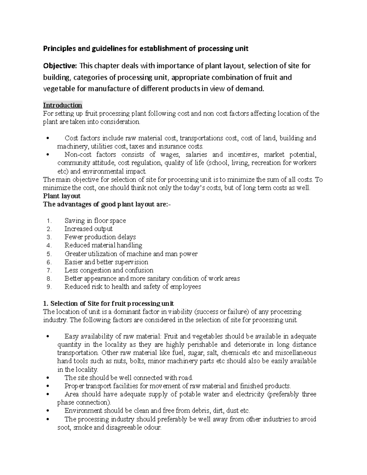 Processign unit establishment - Principles and guidelines for ...